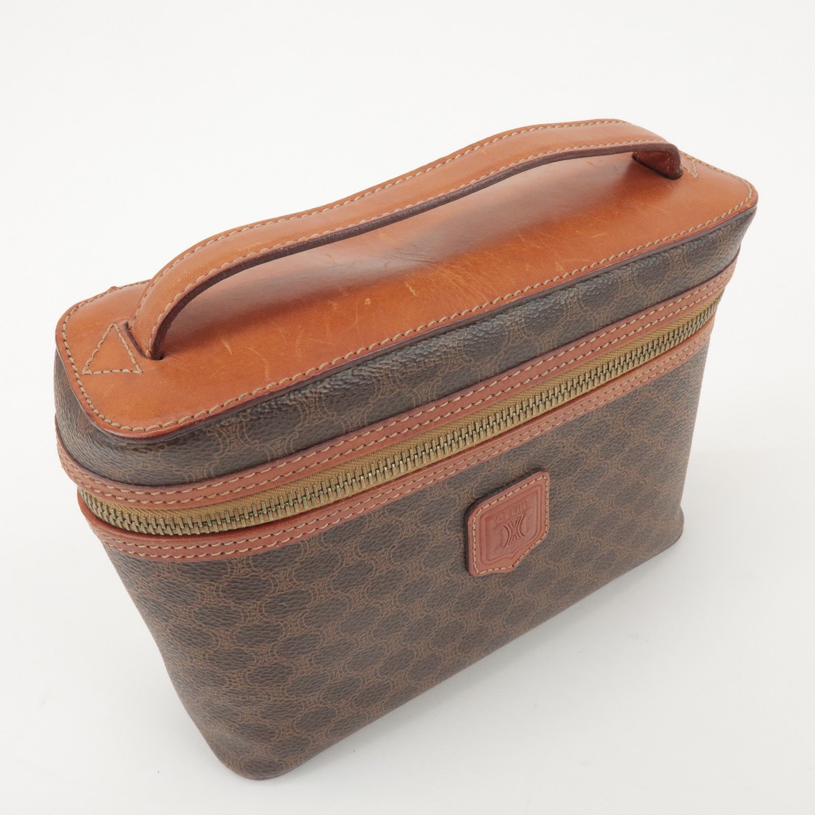 CELINE Macadam PVC Coated Canvas Leather Hand Bag Vanity Bag Brown