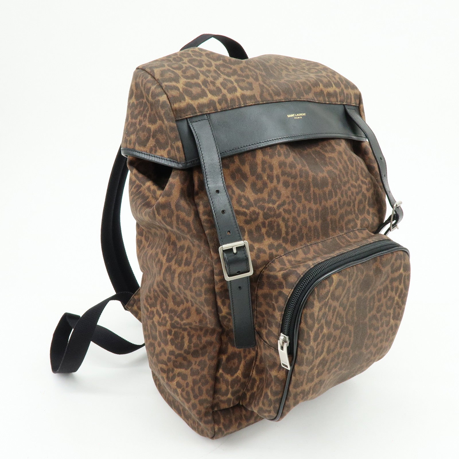 SAINT LAURENT PARIS Canvas Leather Backpack Leopard Brown 342609
