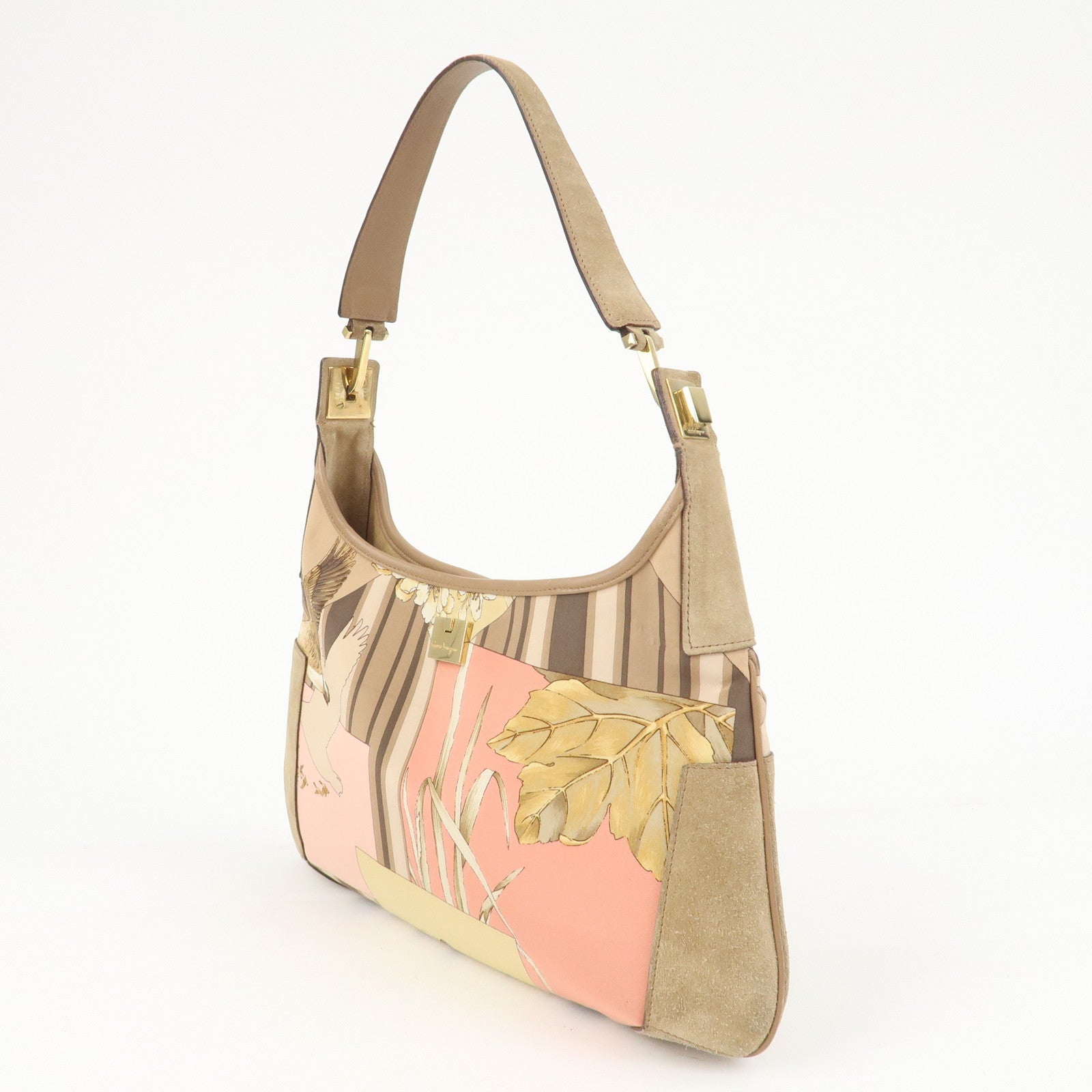Ferragamo Nylon Leather Shoulder Bag Brown Pink Gold