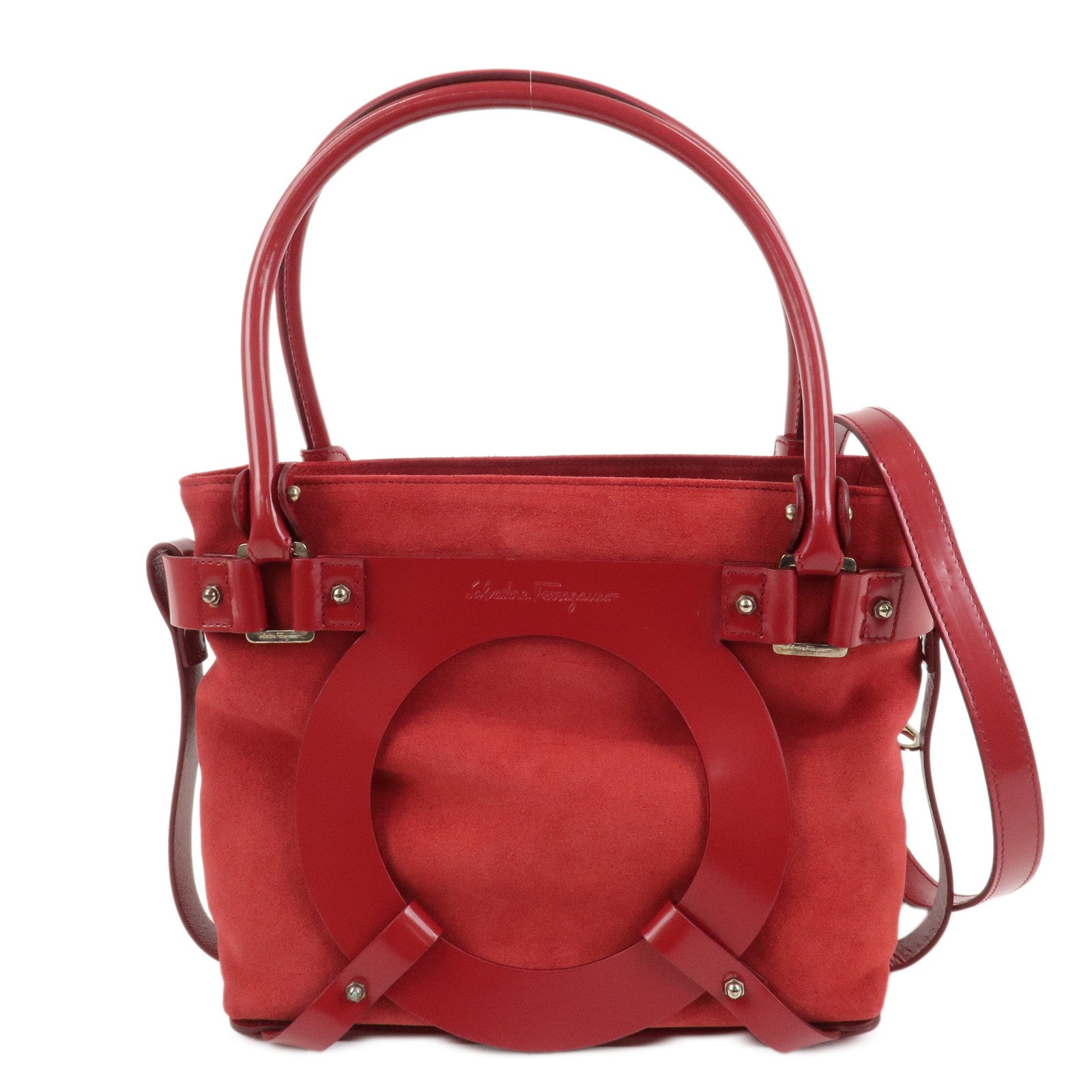 Ferragamo Gancini Suede Leather 2Way Bag Hand Bag Shoulder Bag Red