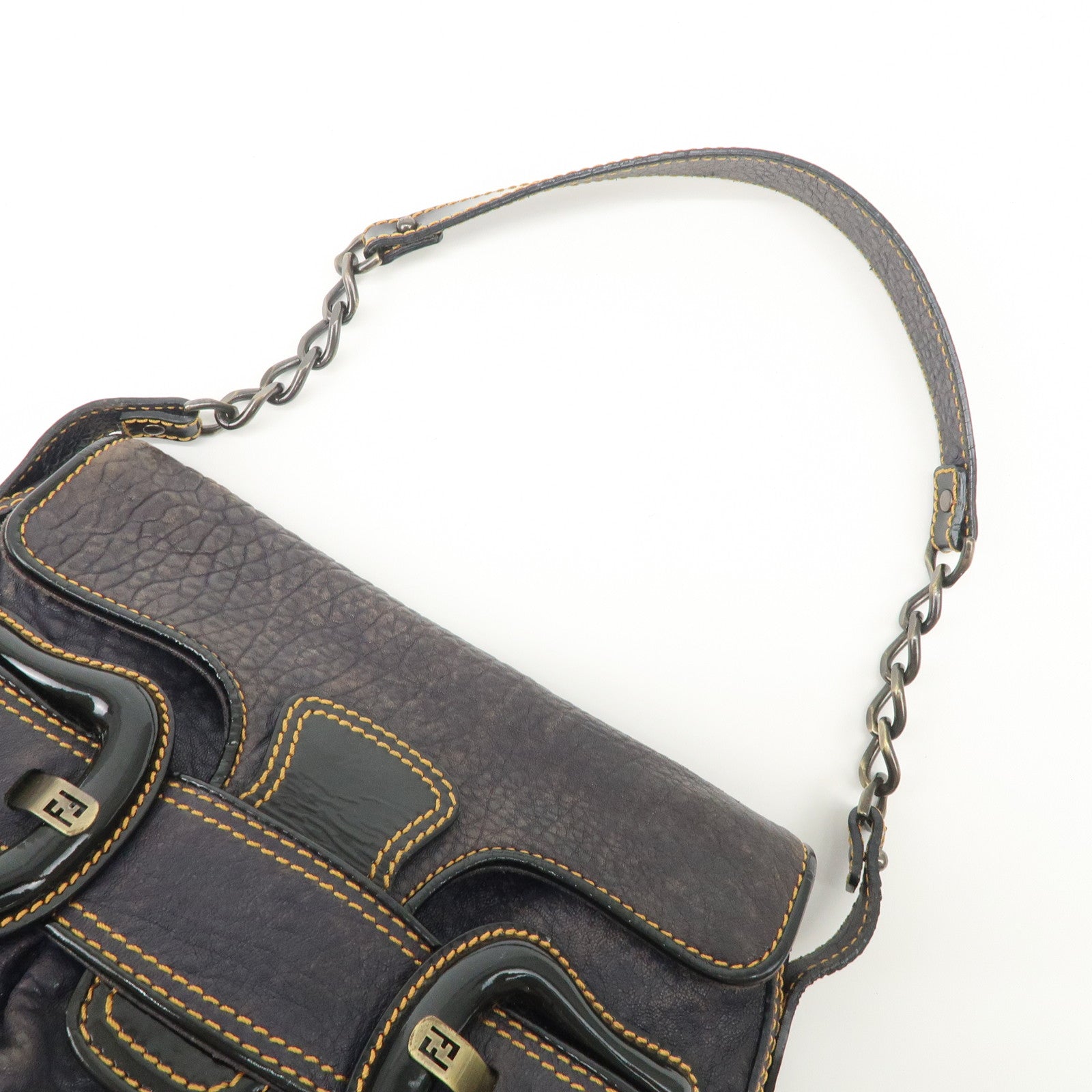 FENDI Leather Patent Leather shoulder Bag Belt Navy 8BR551