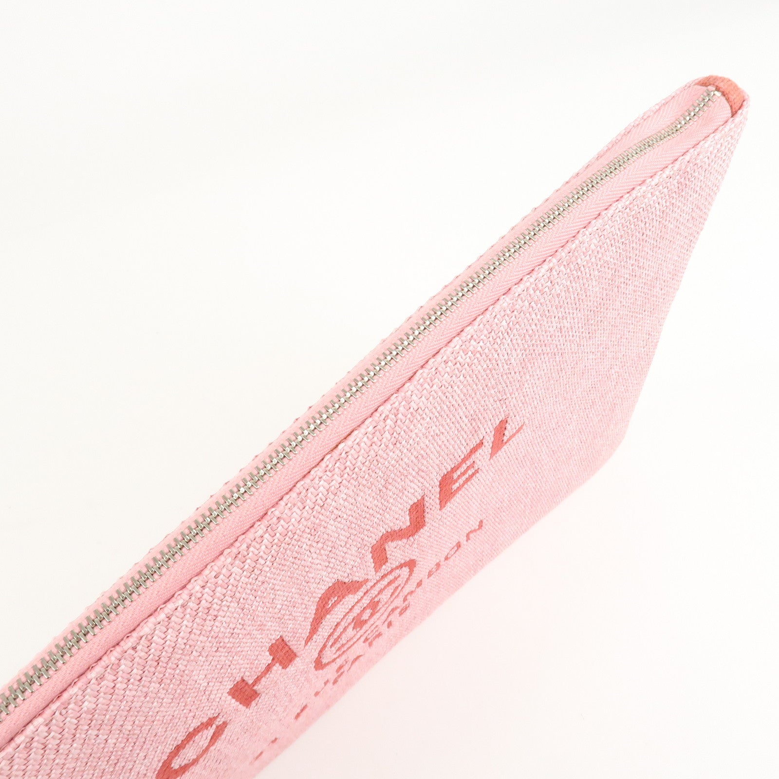 CHANEL Deauville Straw Clutch Bag Pouch Pink Red