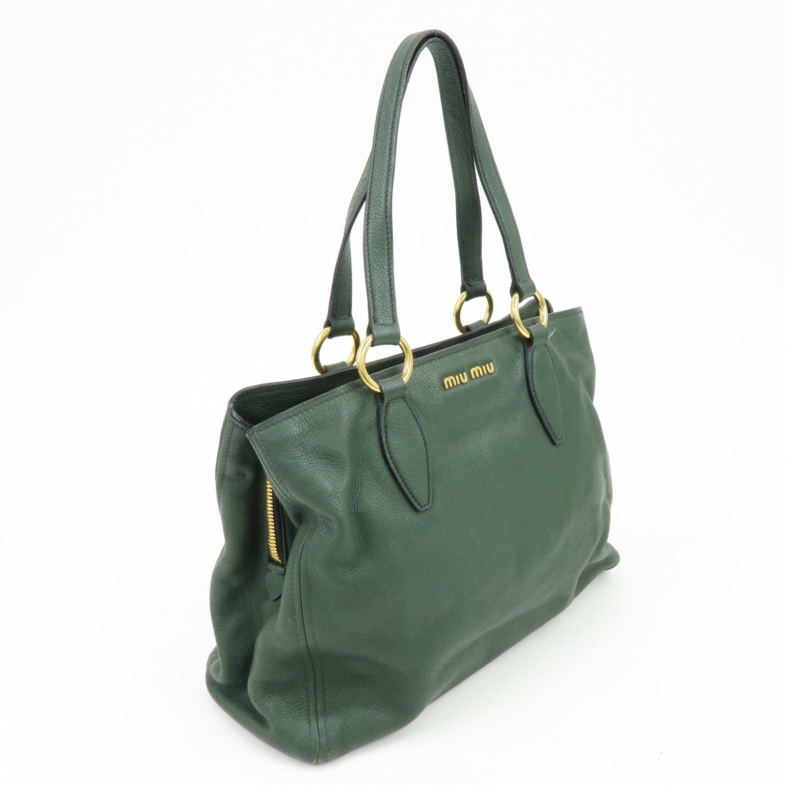 MIU MIU Logo Leather Tote Bag Shoulder Bag Hand Bag Moss Green