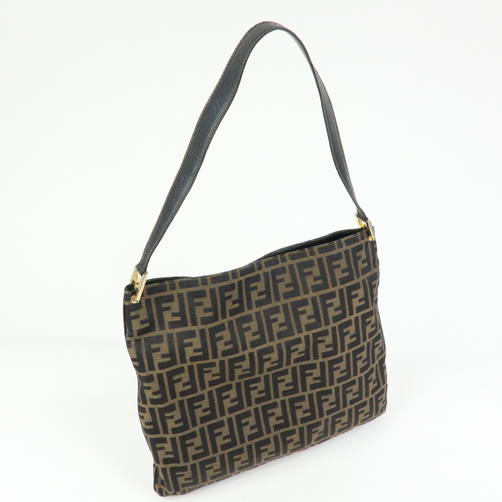 FENDI Zucca Canvas Leather Shoulder Bag Hand Bag Black Brown