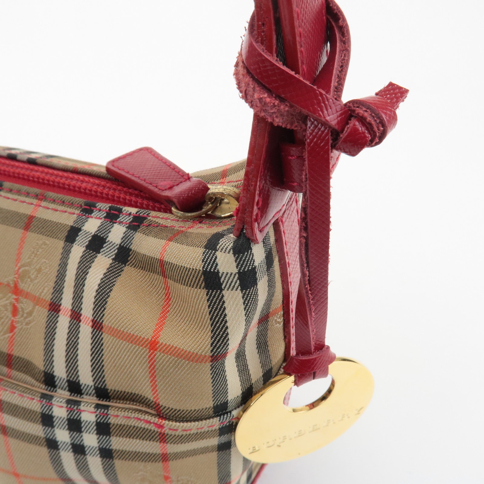 BURBERRY Nova Plaid Canvas Leather Shoulder Bag Red Used