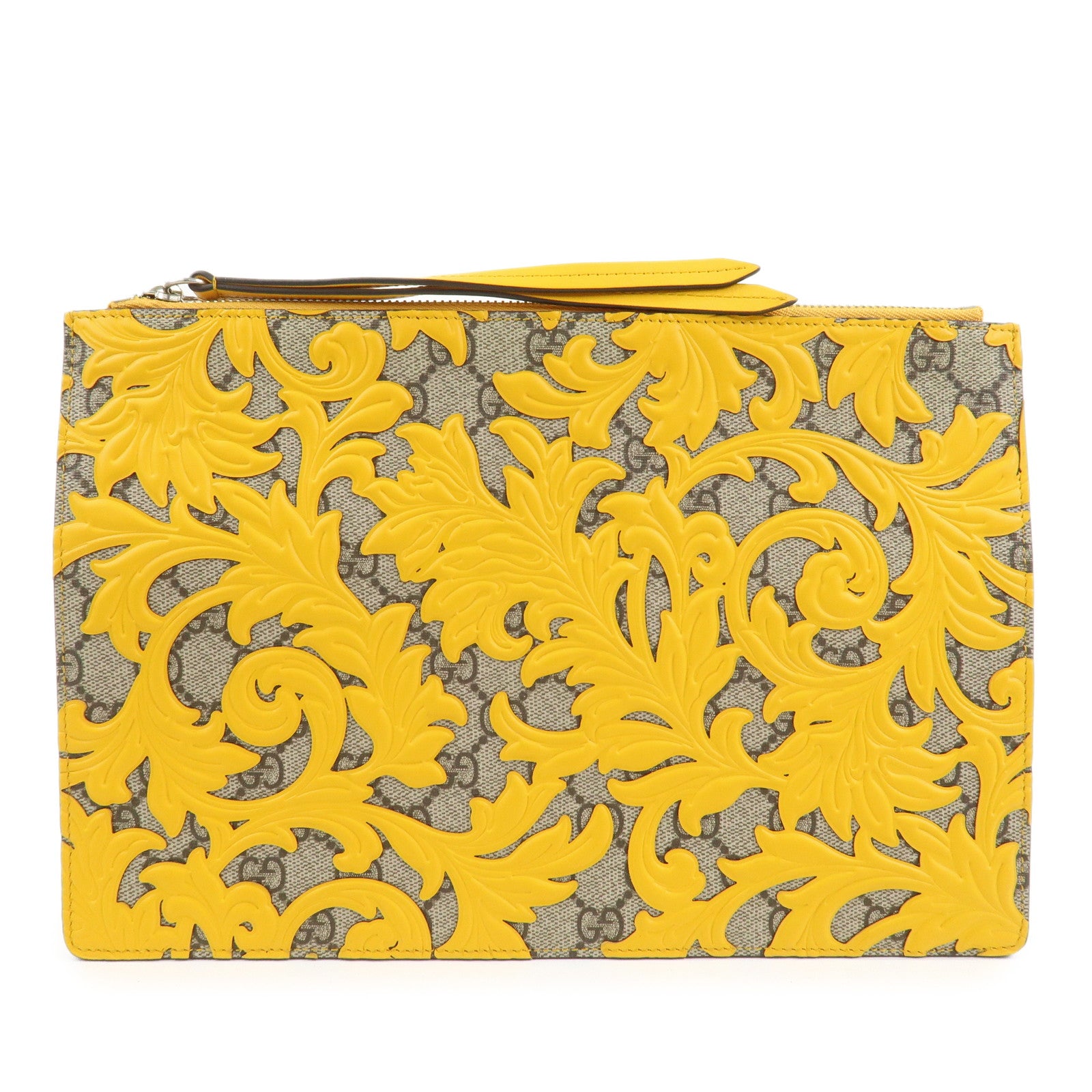 GUCCI GG Supreme Arabesque Leather Clutch Bag Beige Yellow 410810