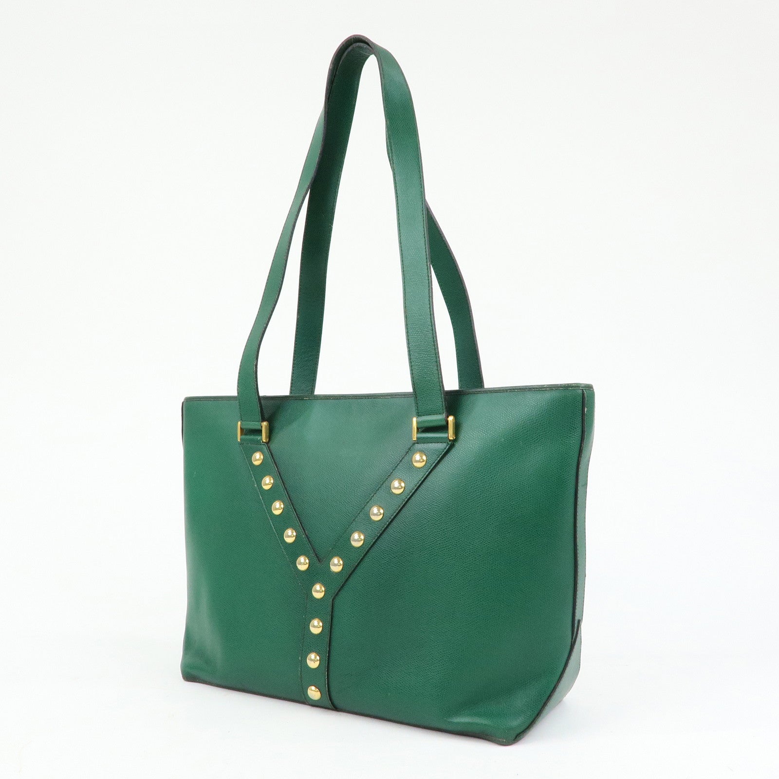 SAINT LAURENT PARIS Y Line Leather Studs Tote Shoulder Bag Green