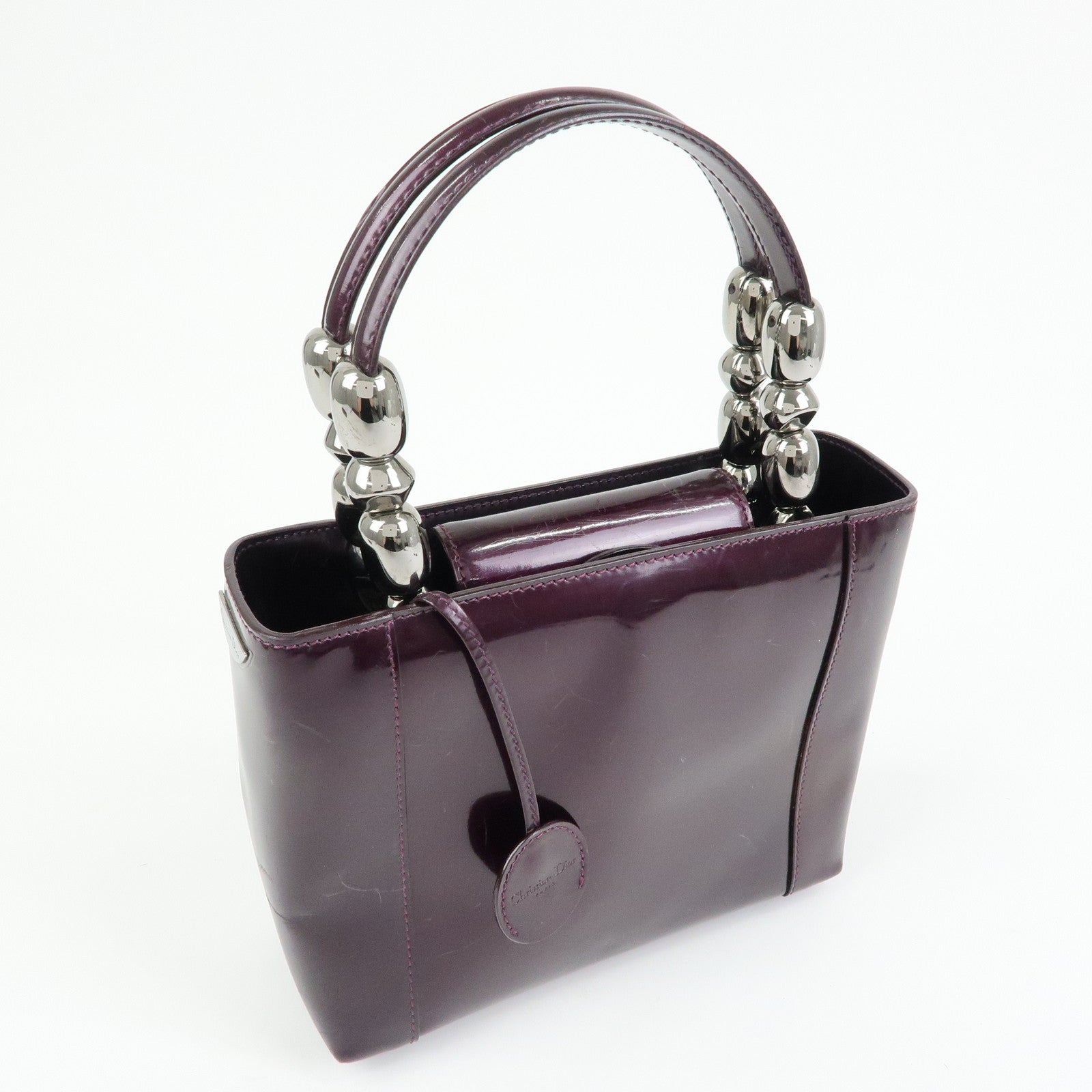 Christian Dior Maris Pearl Patent Leather Tote Bag Hand Bag Purple