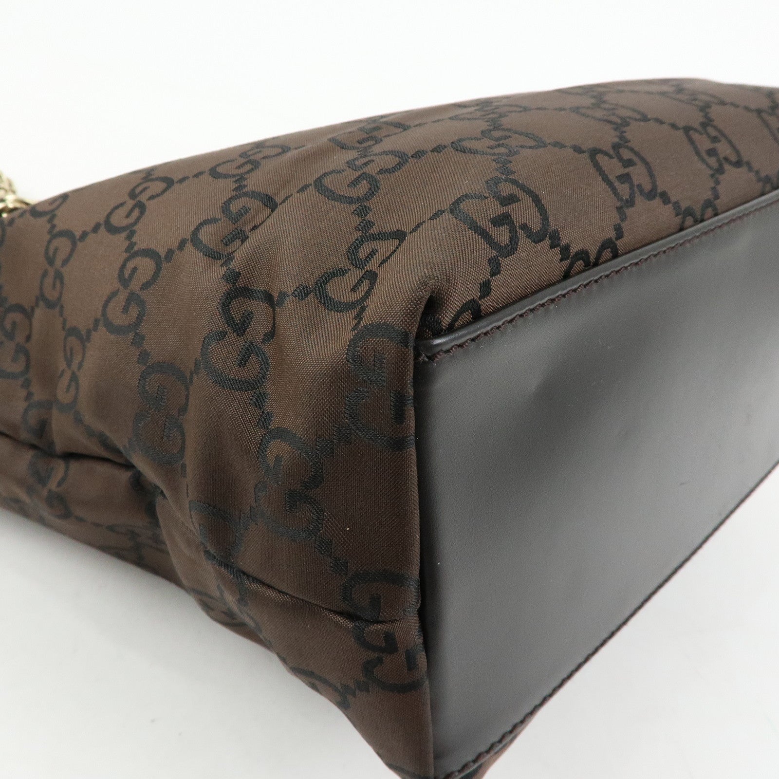 GUCCI GG Nylon Leather Chain Tote Bag Shoulder Bag Brown 196750