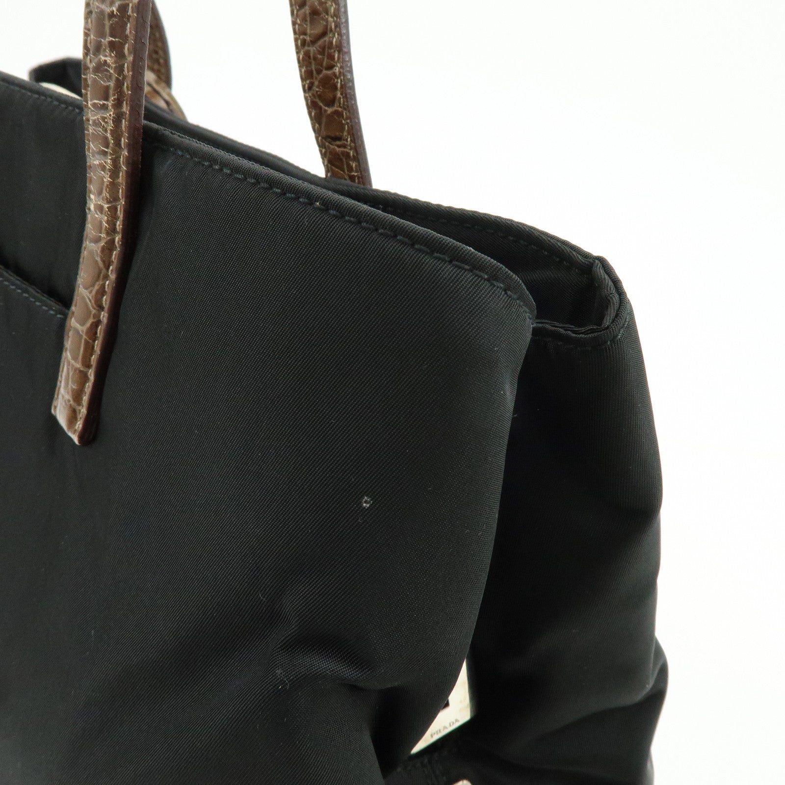 PRADA Triangle Logo Nylon Embossed Leather Tote Bag Black Brown
