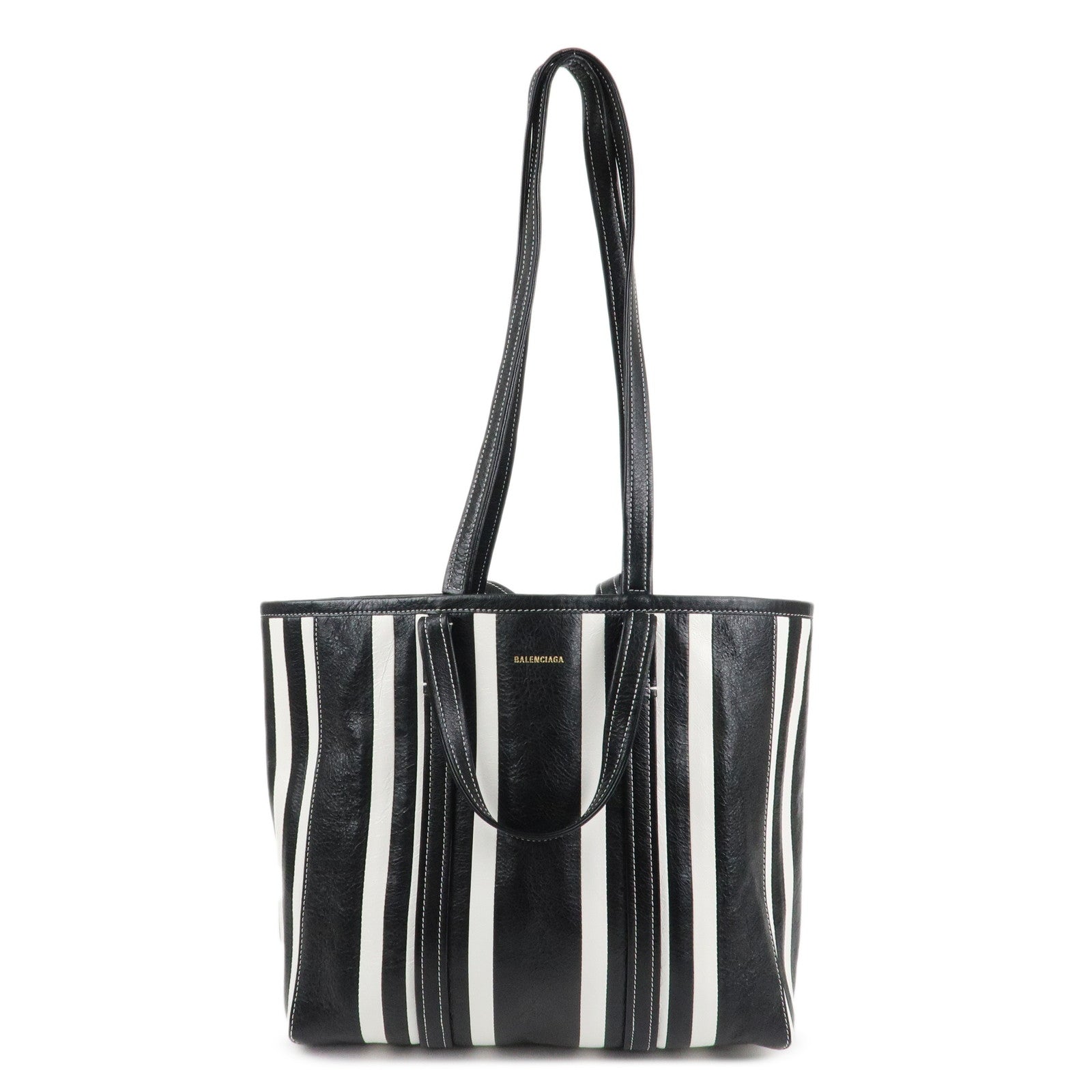 BALENCIAGA Leather Barbes 2way Tote Bag Black White 671409 Used