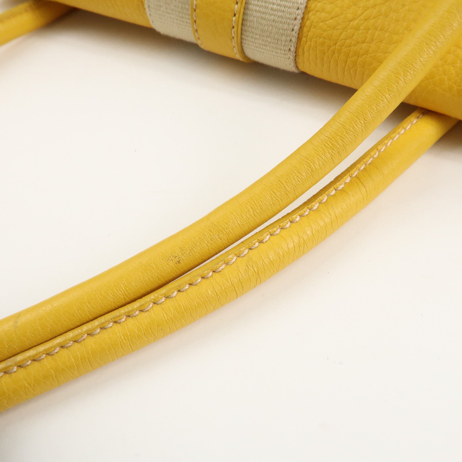 PRADA Triangle Logo Leather Raffia Tote Bag Beige Yellow Used