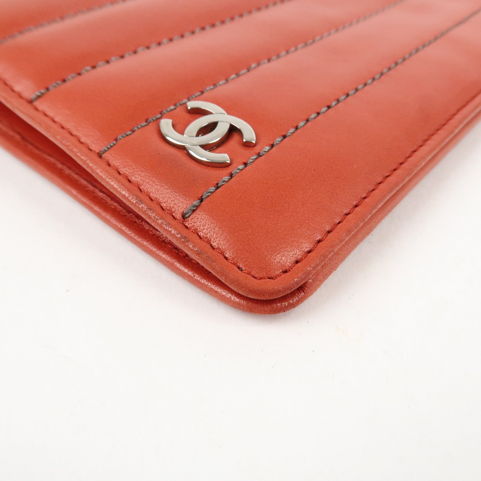 CHANEL Mademoiselle COCO Mark Lamb Skin Long Wallet Red Used