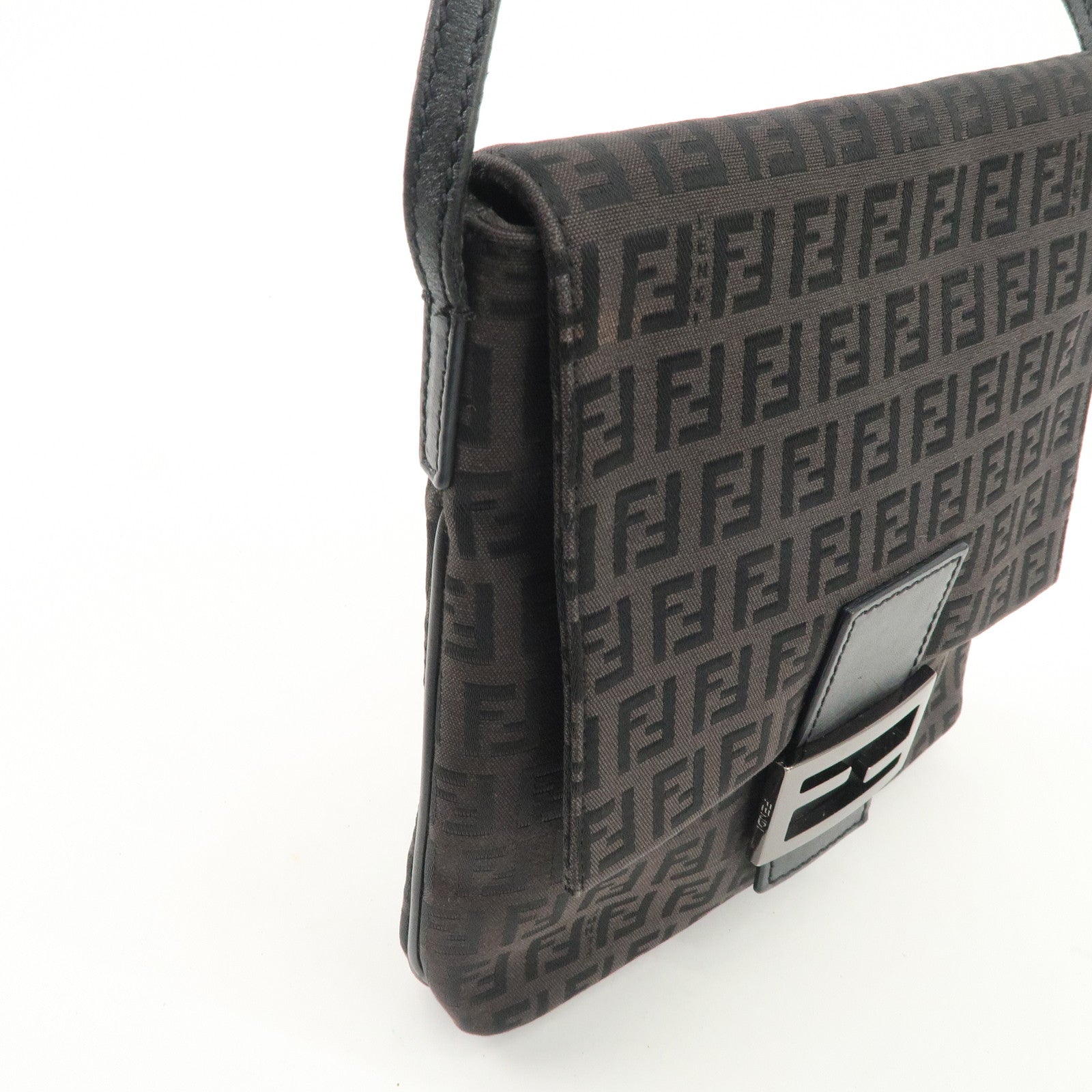 FENDI Zucchino Canvas Leather Shoulder Bag Dark Brown 8BT075 Used