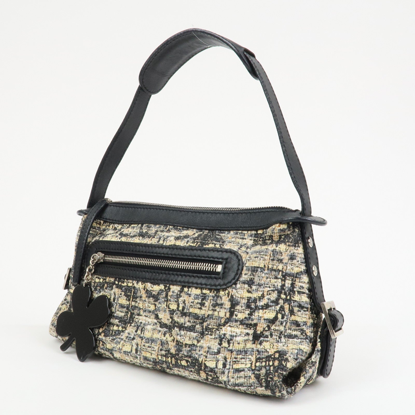 CHANEL COCO Mark Tweed Leather Shoulder Bag Black Multicolor