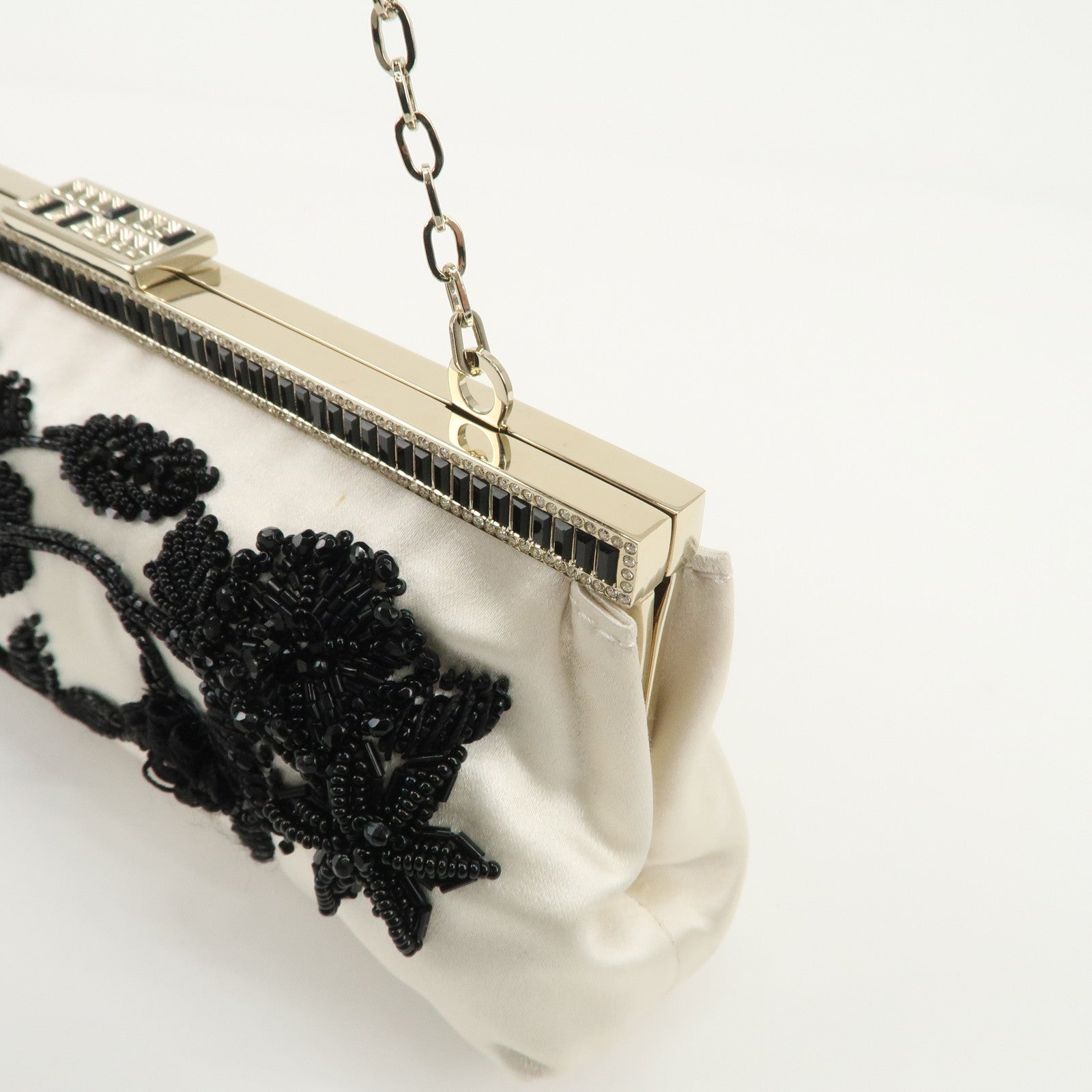 VALENTINO Silk Beads Chain Shoulder Bag Hand Bag White Black Used