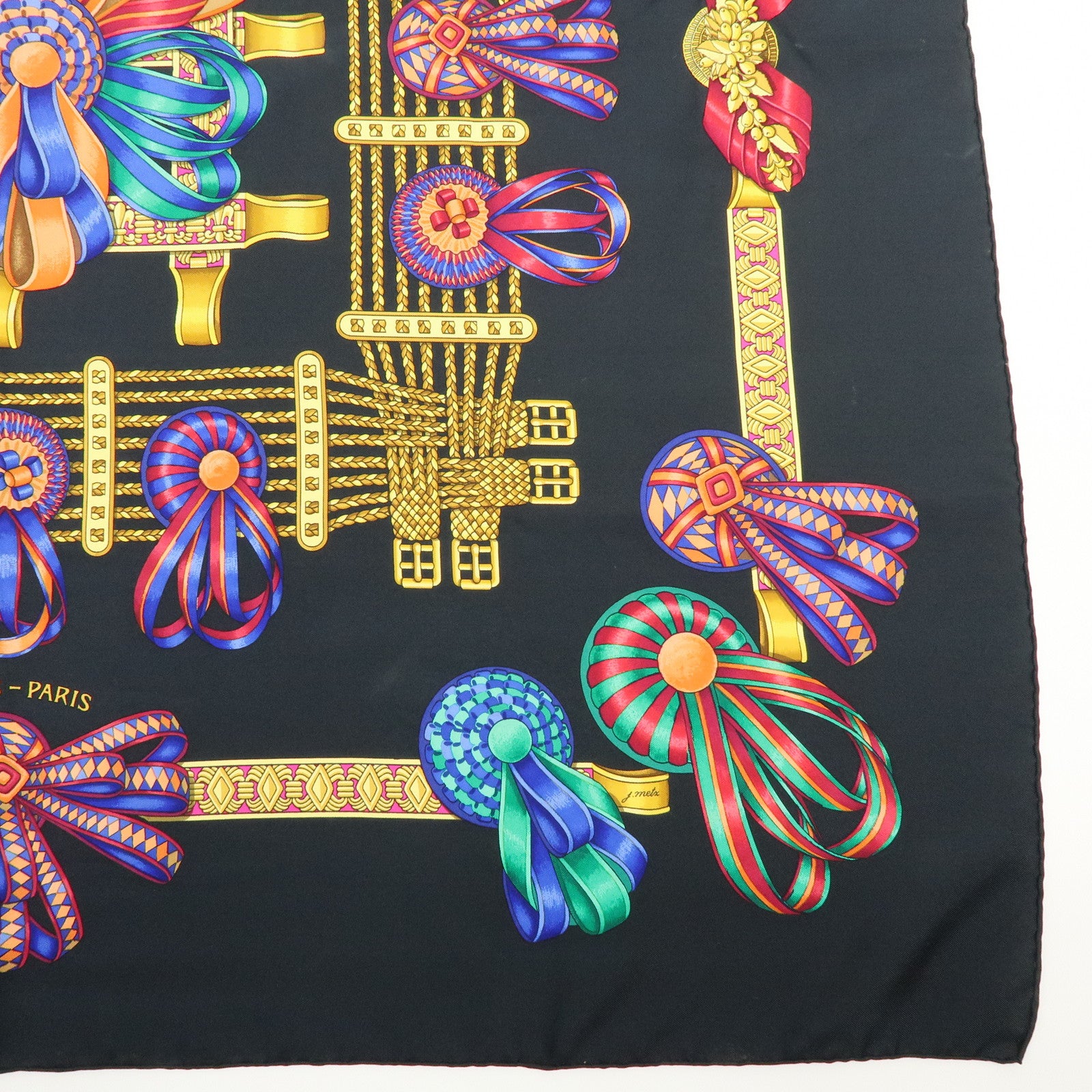 HERMES Carre 90 Silk 100% Scarf LES RUBANS DU CHEVAL Black