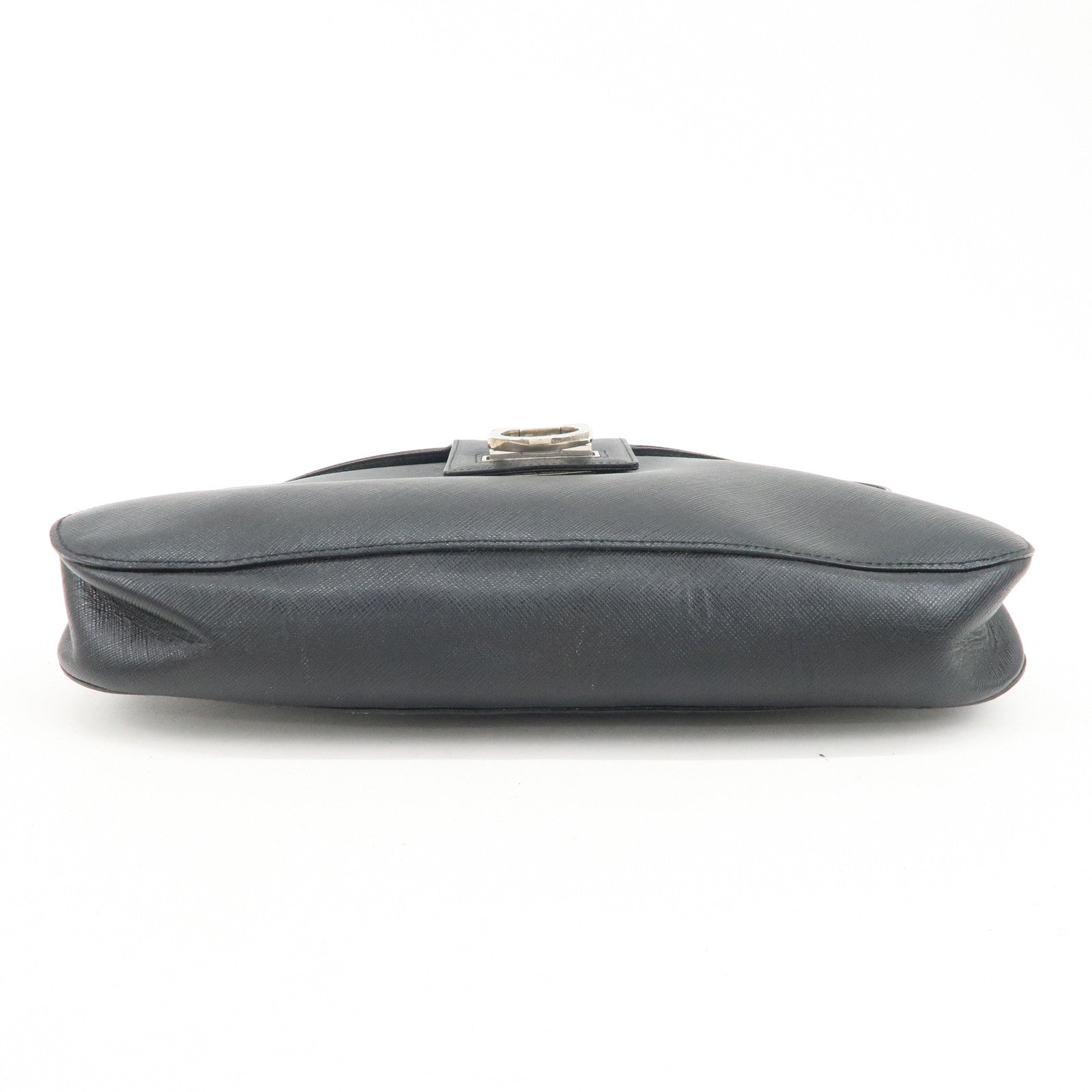 Ferragamo Gancini Leather Shoulder Bag Hand Bag Black Silver HDW