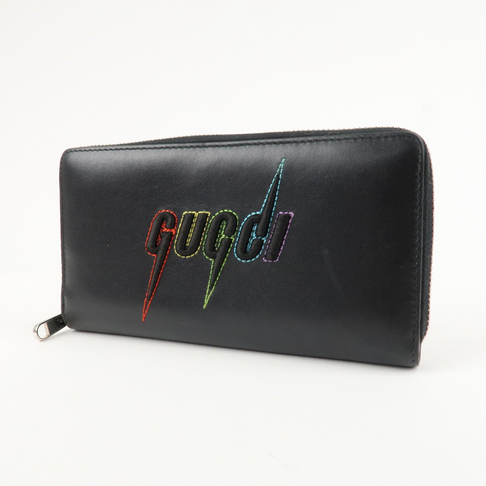 GUCCI Blade Embroidery Leather Zip Around Long Wallet Black Used
