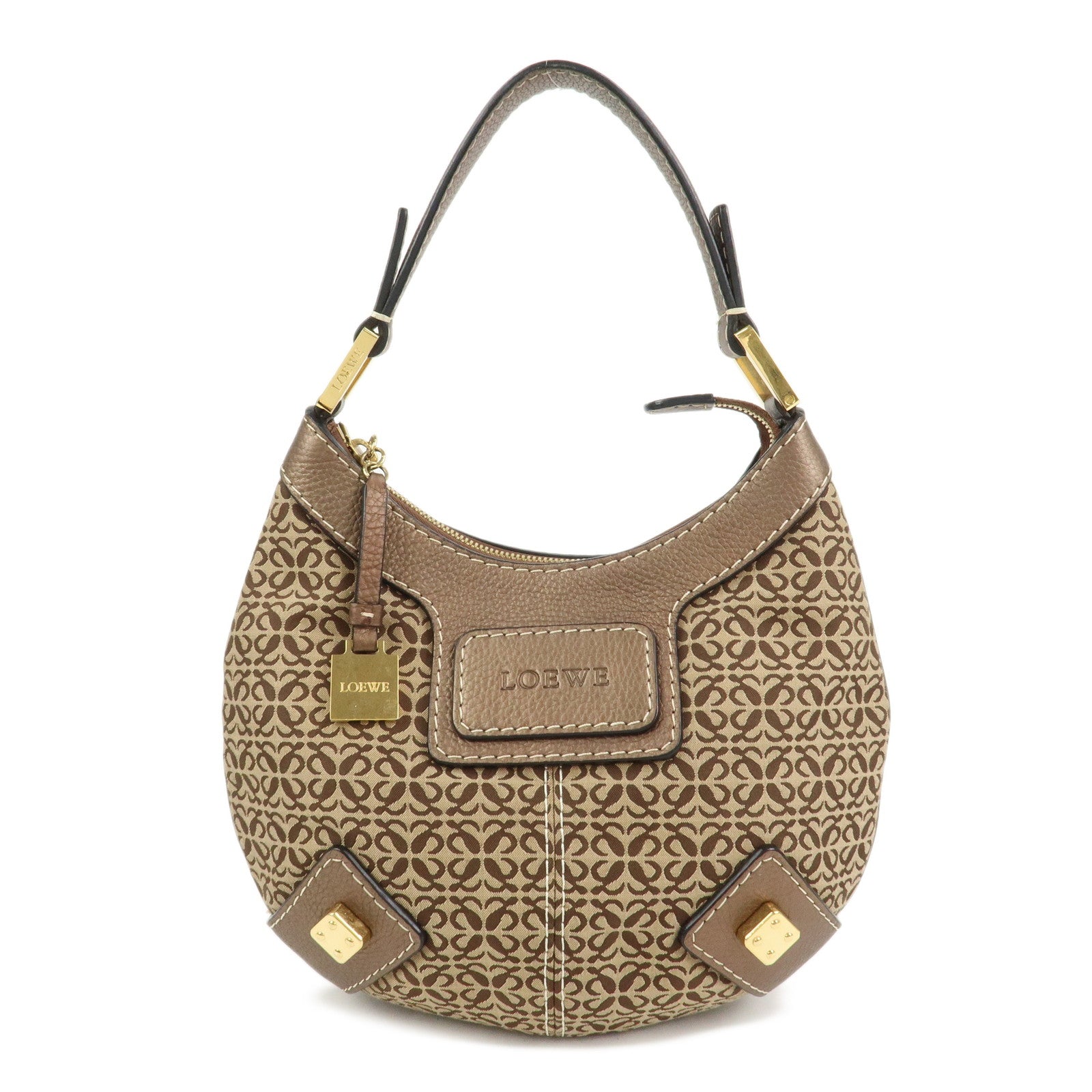 LOEWE New Road Line Logo Canvas Leather Shoulder Bag Brown Beige