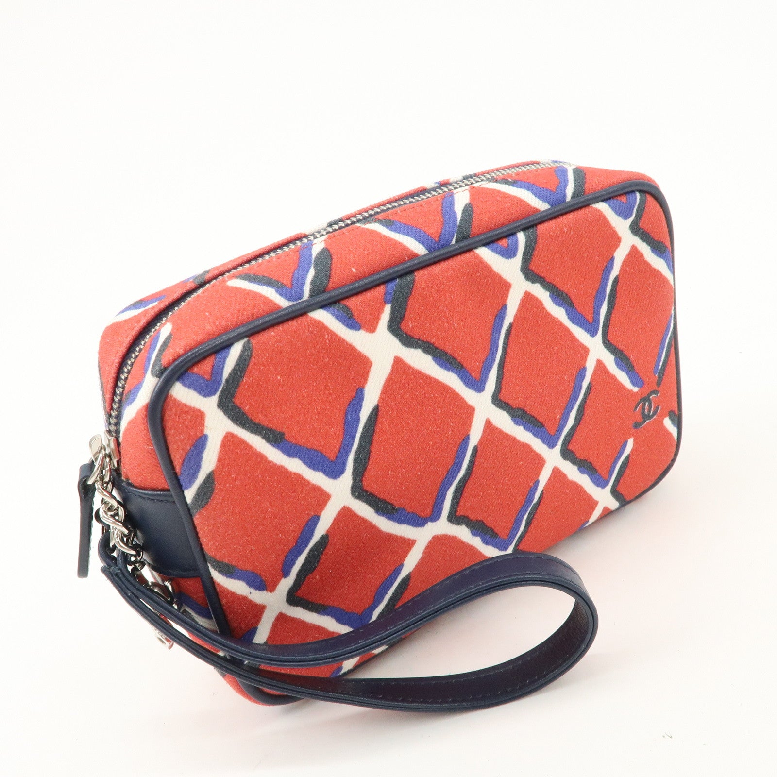 CHANEL COCO Mark COCO Beach Canvas Pouch Red Navy Silver HDW Used