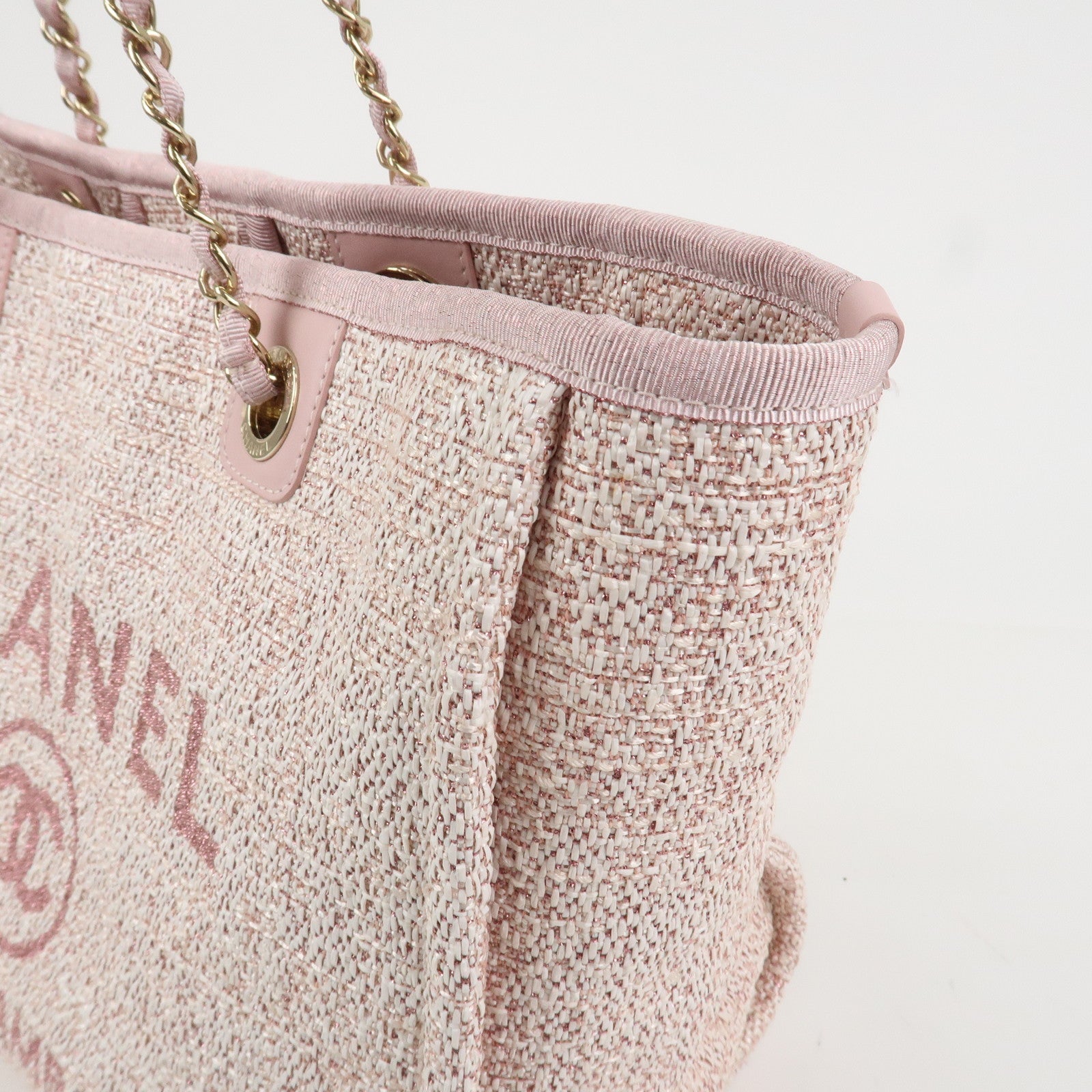 CHANEL Tweed Leather Deauville MM Shoulder Bag Tote Bag Pink