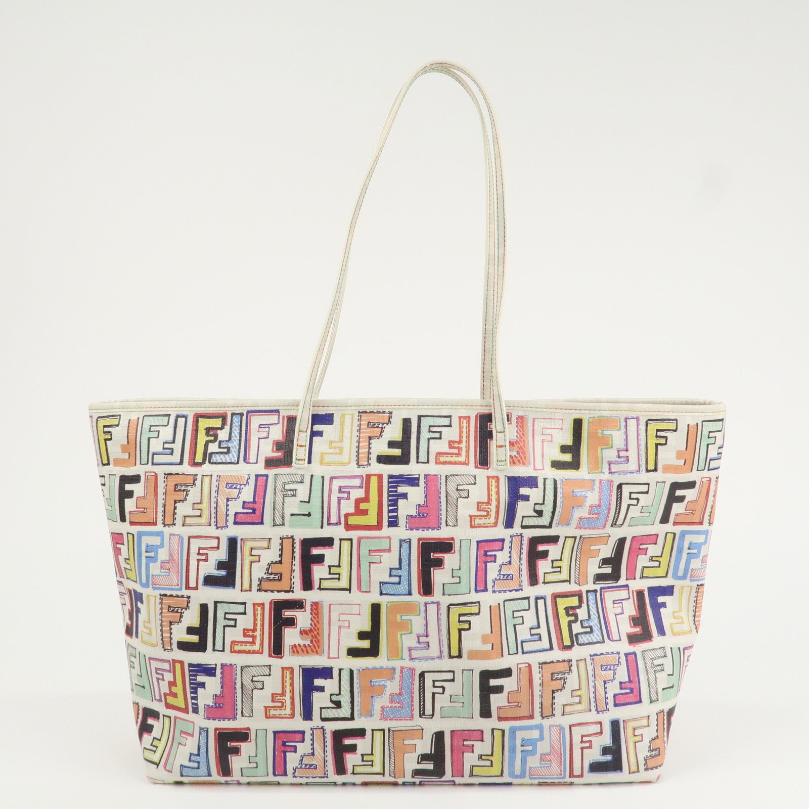 FENDI Zucca Logo Print PVC Tote Bag Multicolor White 8BH185 Used