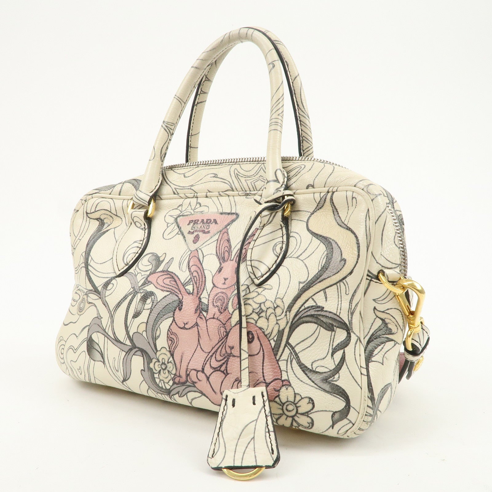 PRADA Triangle Logo Leather 2Way Hand Shoulder Bag Rabbit 1BB113