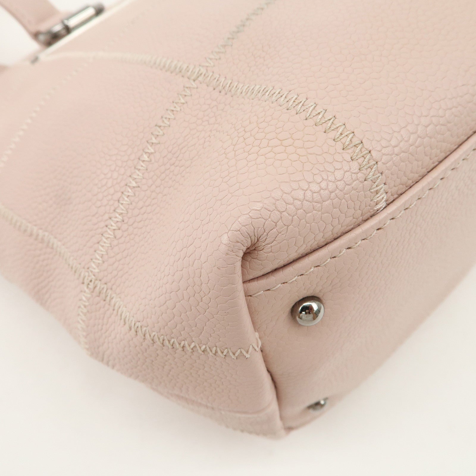 CHANEL Chocolate Bar Caviarskin Tote Bag Hand Bag Pink Silver Used