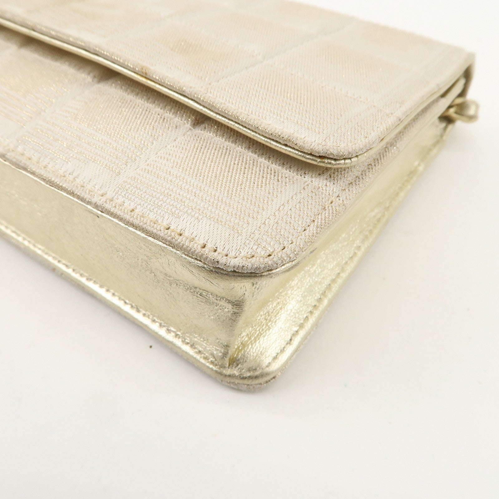 Chanel New Travel Line Nylon Jacquard Leather Chain Wallet Gold A15772 Used