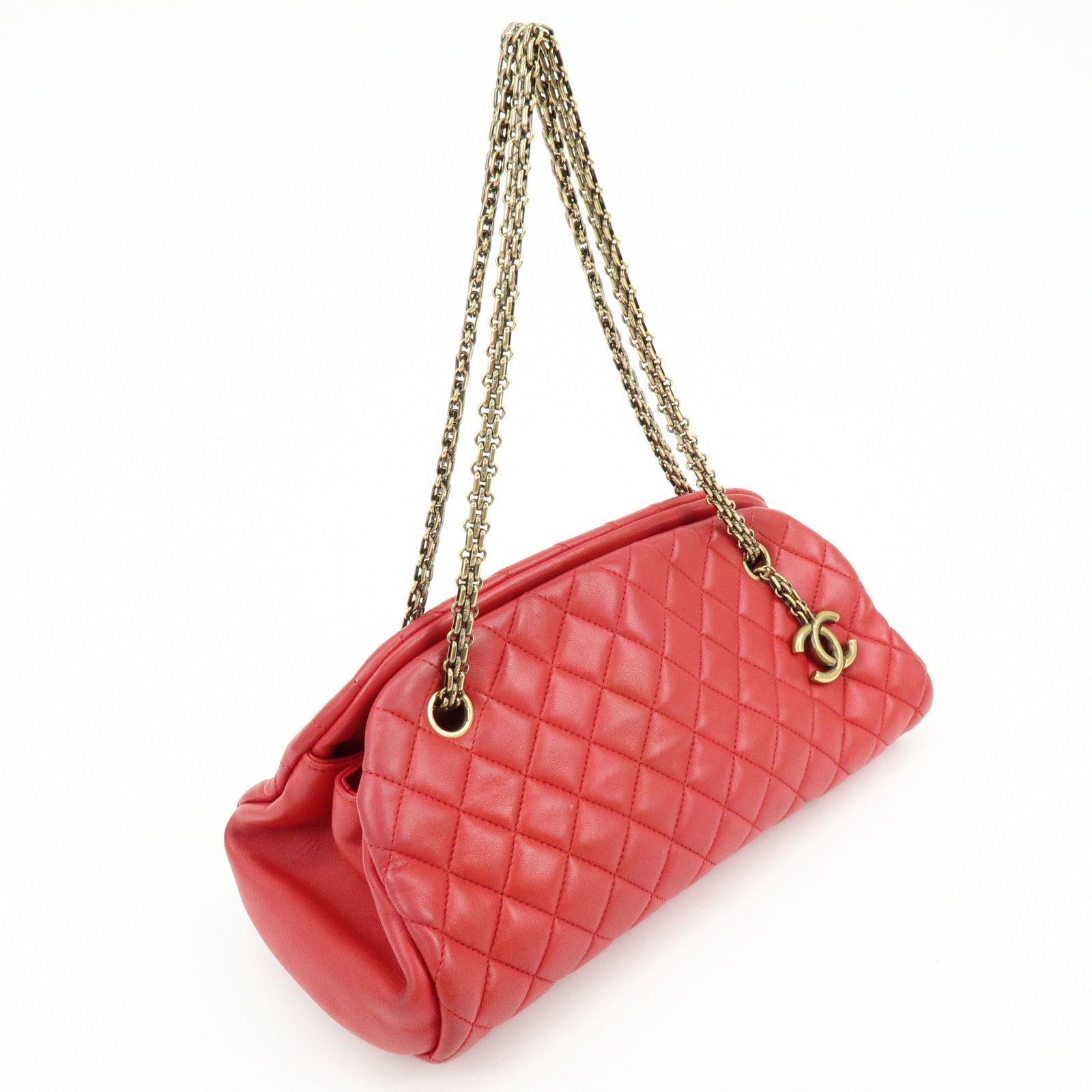 CHANEL Mademoiselle COCO Mark Lamb SKin Chain Shoulder Bag Red