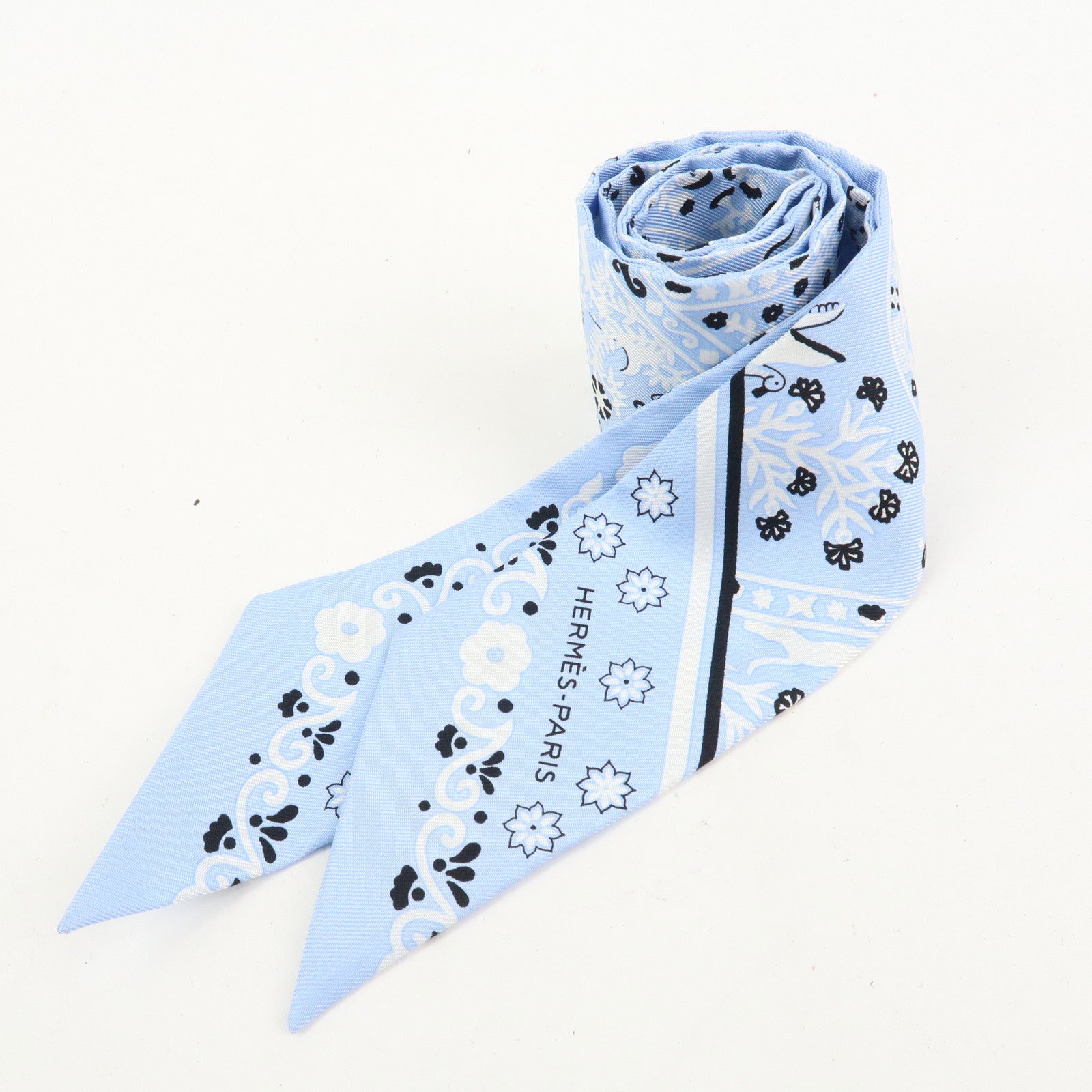 HERMES Twilly Silk 100% Scarf PEUPLE DU VENT Light Blue Black White