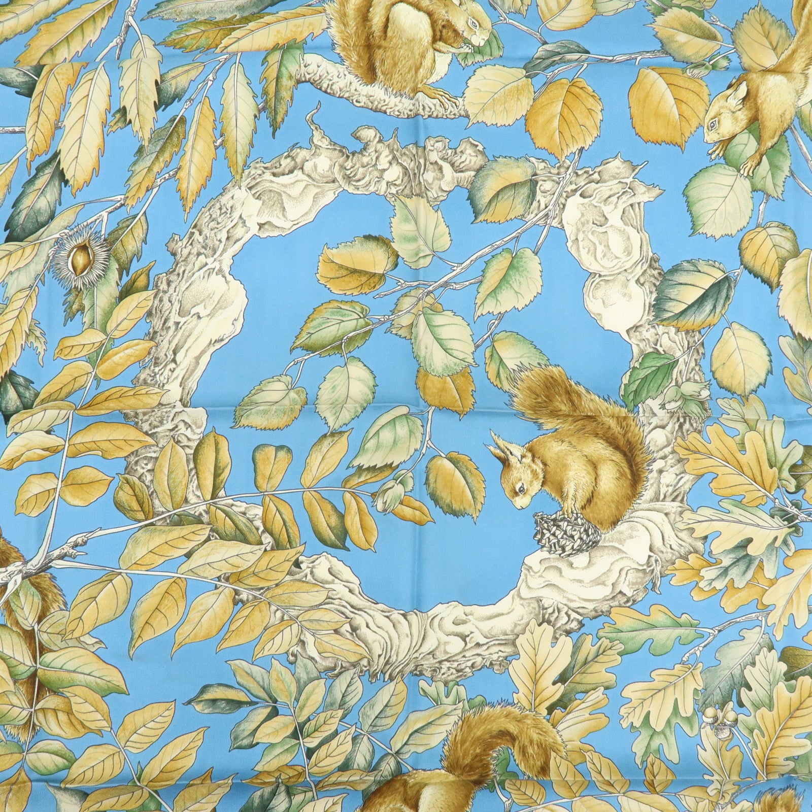 HERMES Carre 90 Silk 100% scarf Casse Noisette Squirrel Print