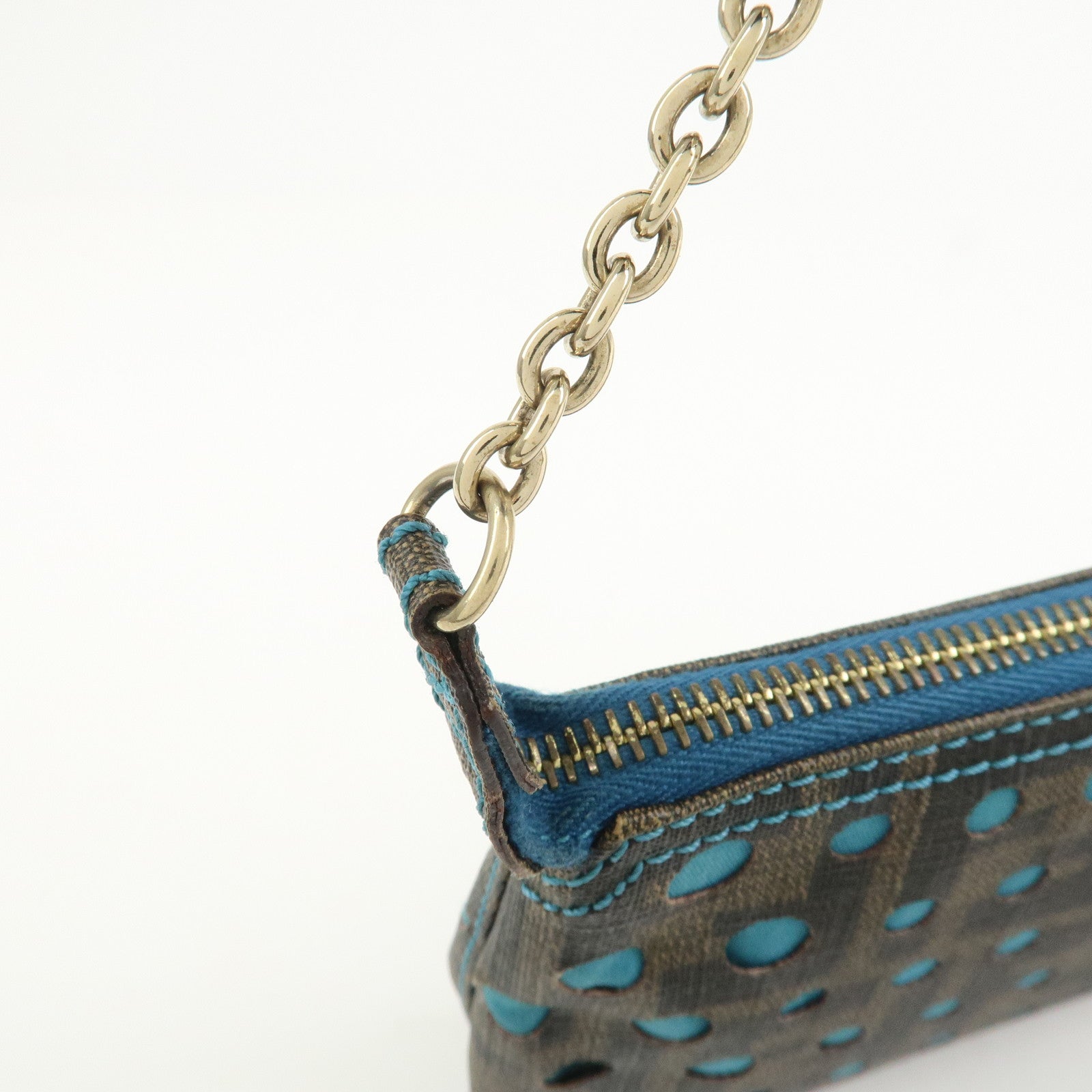 FENDI Zucca PVC Canvas Chain Accessory Pouch Brown Blue 8BR592