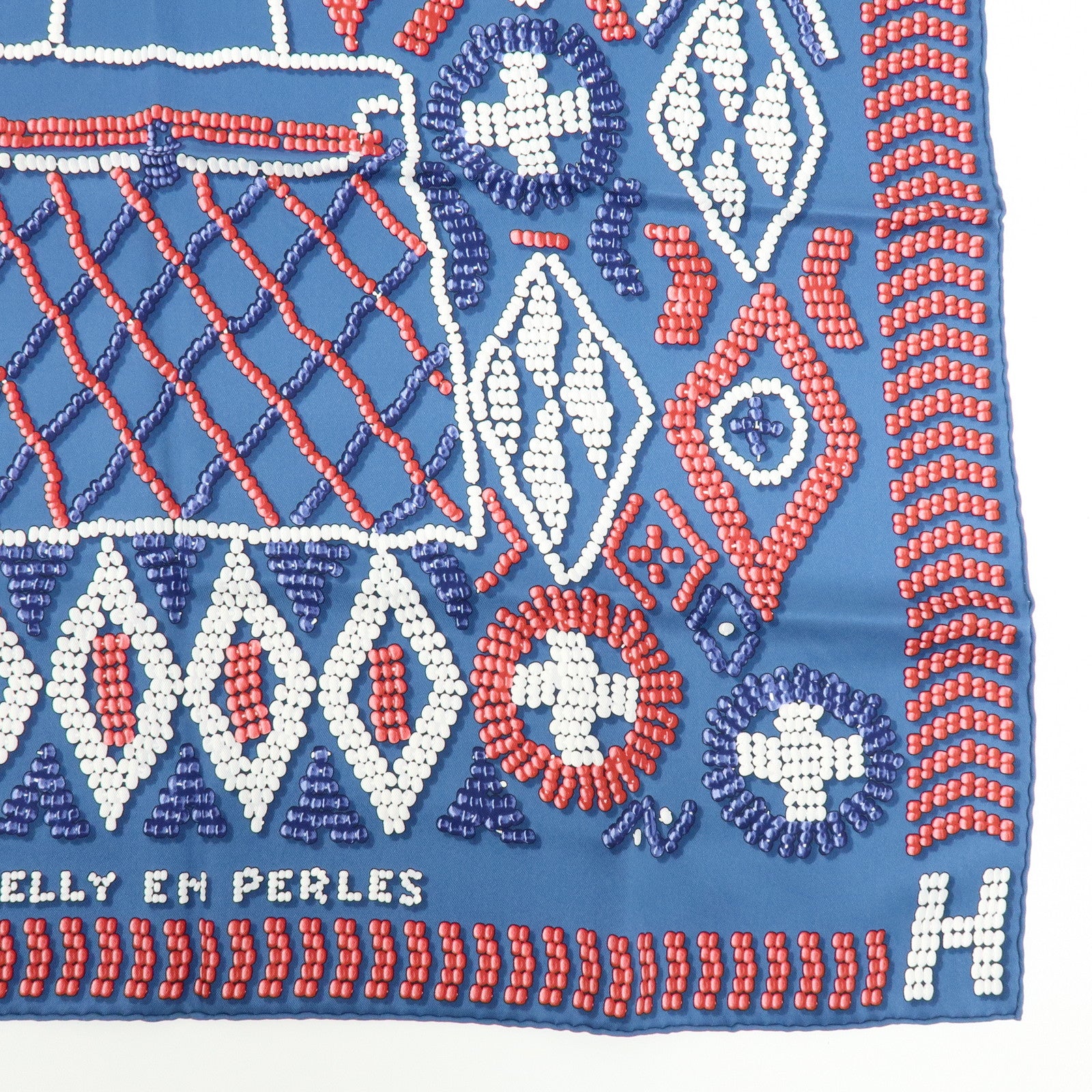 HERMES Carre 65 Silk 100% Scarf KELLY EN PERLES Pearl Print Blue