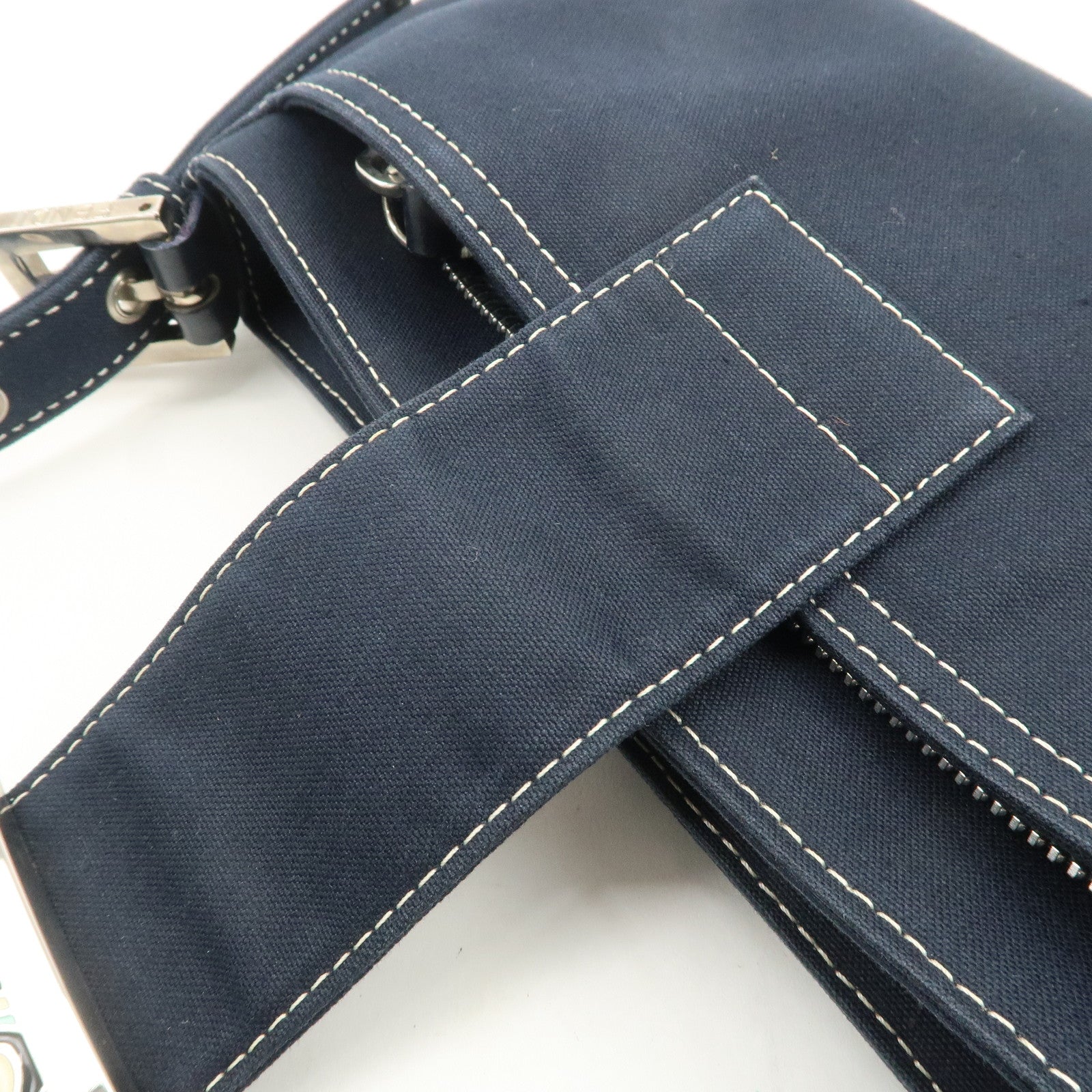 FENDI Logo Canvas Shoulder Bag Hand Bag Dark Navy