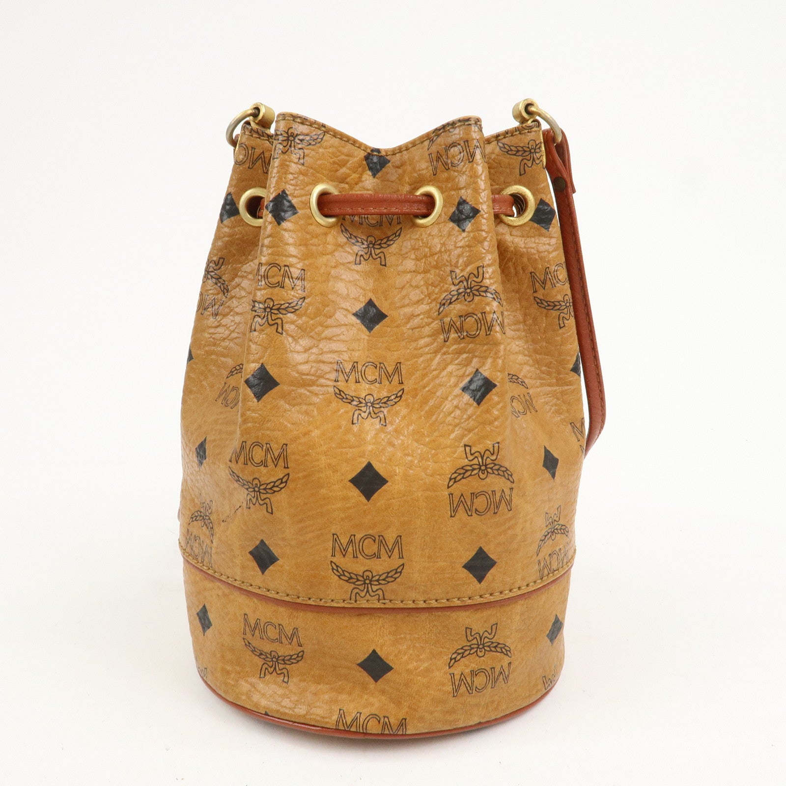 MCM Visetos Leather Drawstring Shoulder Bag Brown