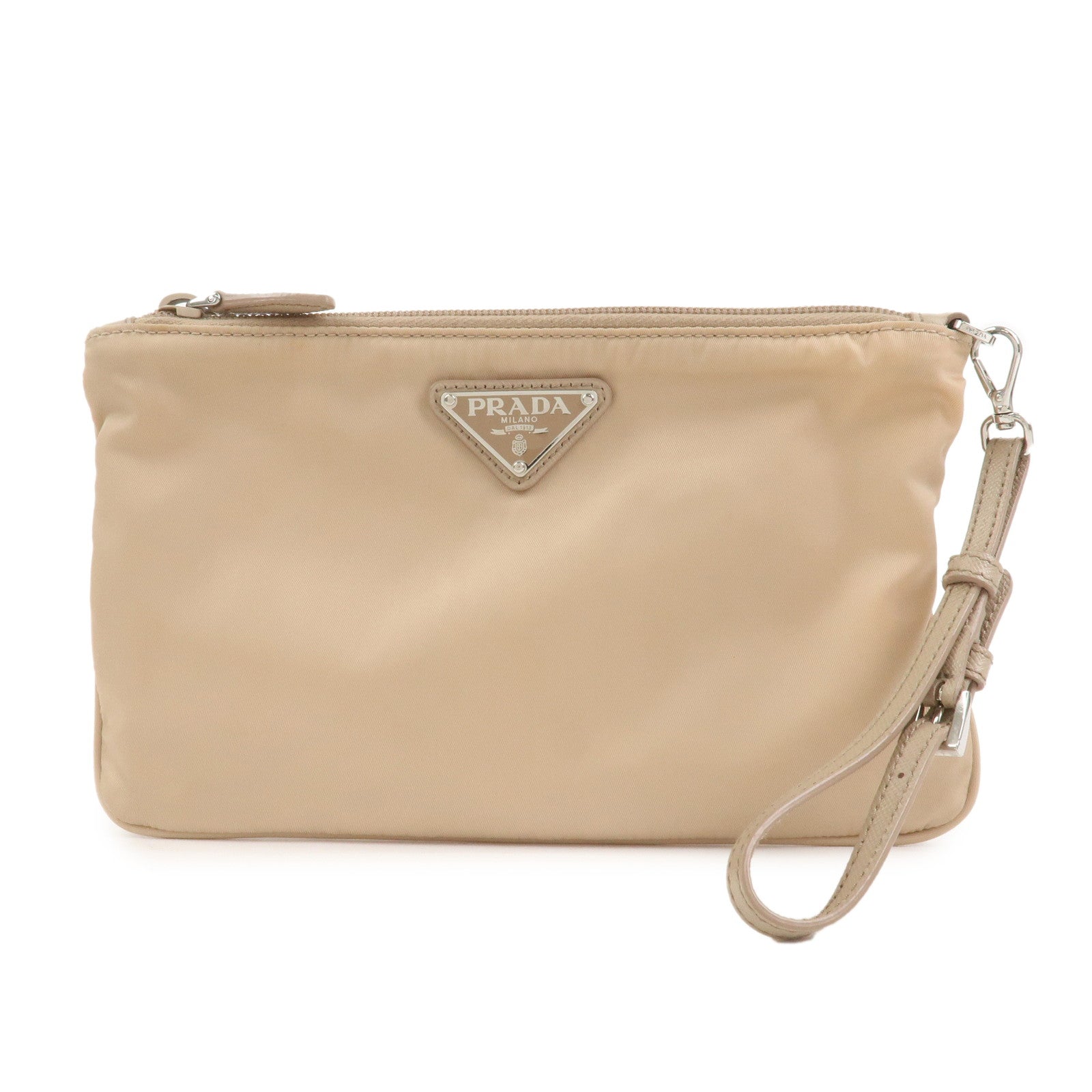 PRADA Triangle Logo TESSUTO Hand Bag Pouch Beige 1NH545