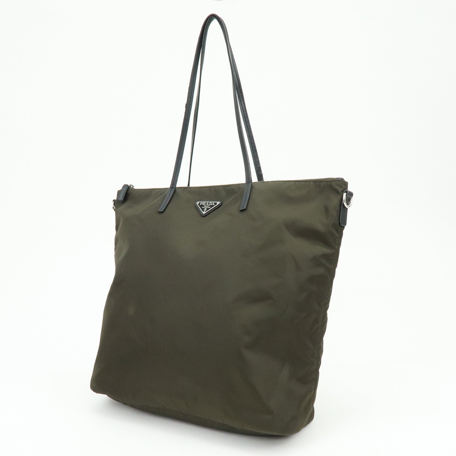 PRADA Triangle Logo Nylon Tote Bag Shoulder Bag Khaki Black 1BG052