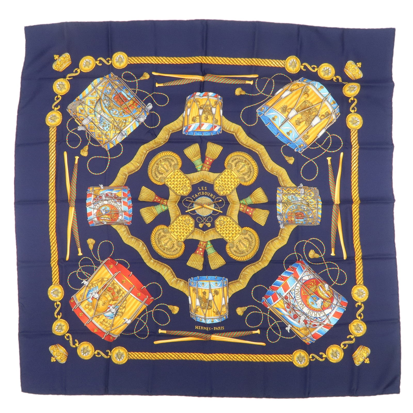HERMES Carre 90 Silk 100% LES TAMBOURS Scarf Navy Gold
