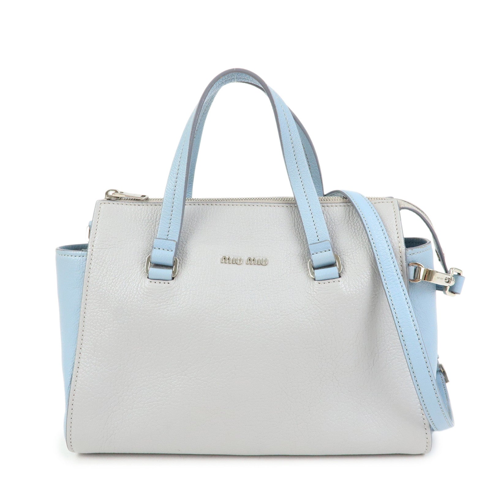 MIU MIU Madras Leather 2Way Bag Hand Bag Gray Light Blue 5BB006