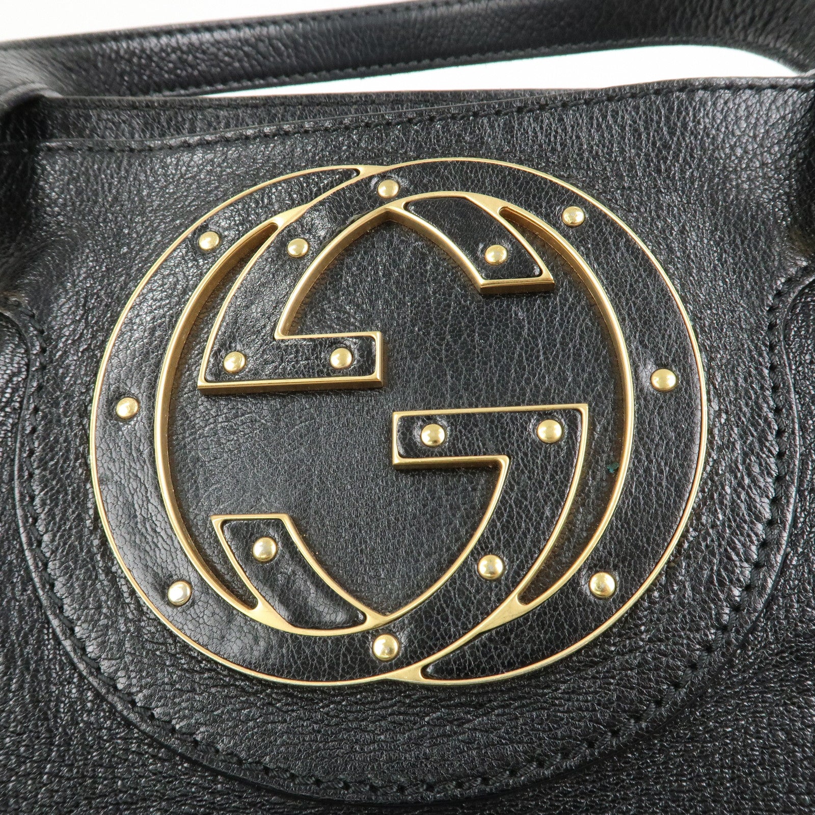 GUCCI Interlocking G Leather Blondie Studs Hand Bag Black 121551
