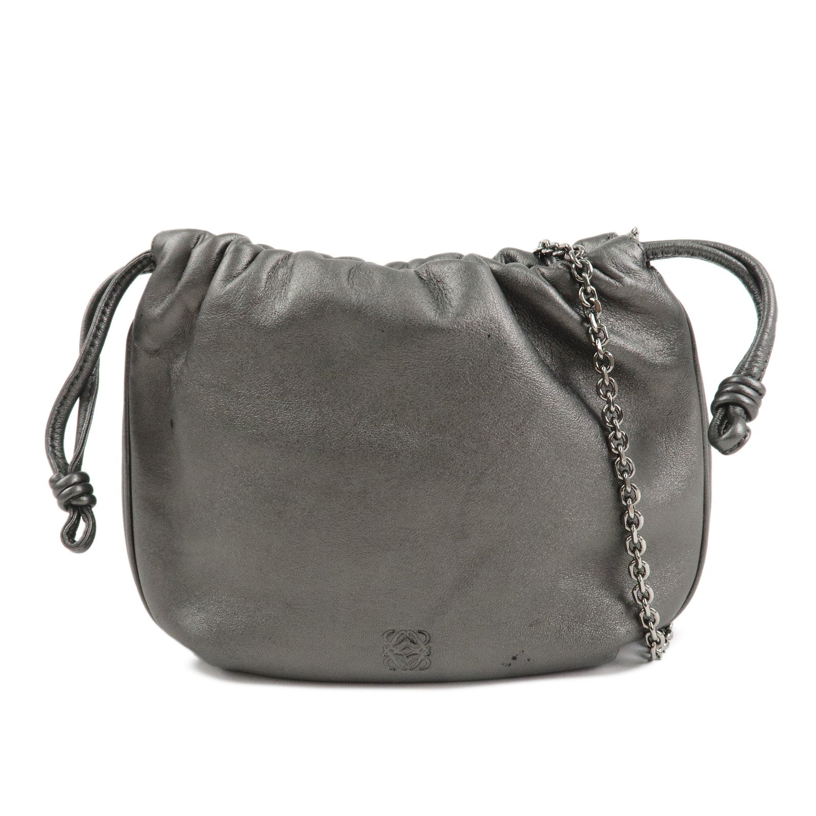 LOEWE Anagram Leather Chain Shoulder Bag Silver Used