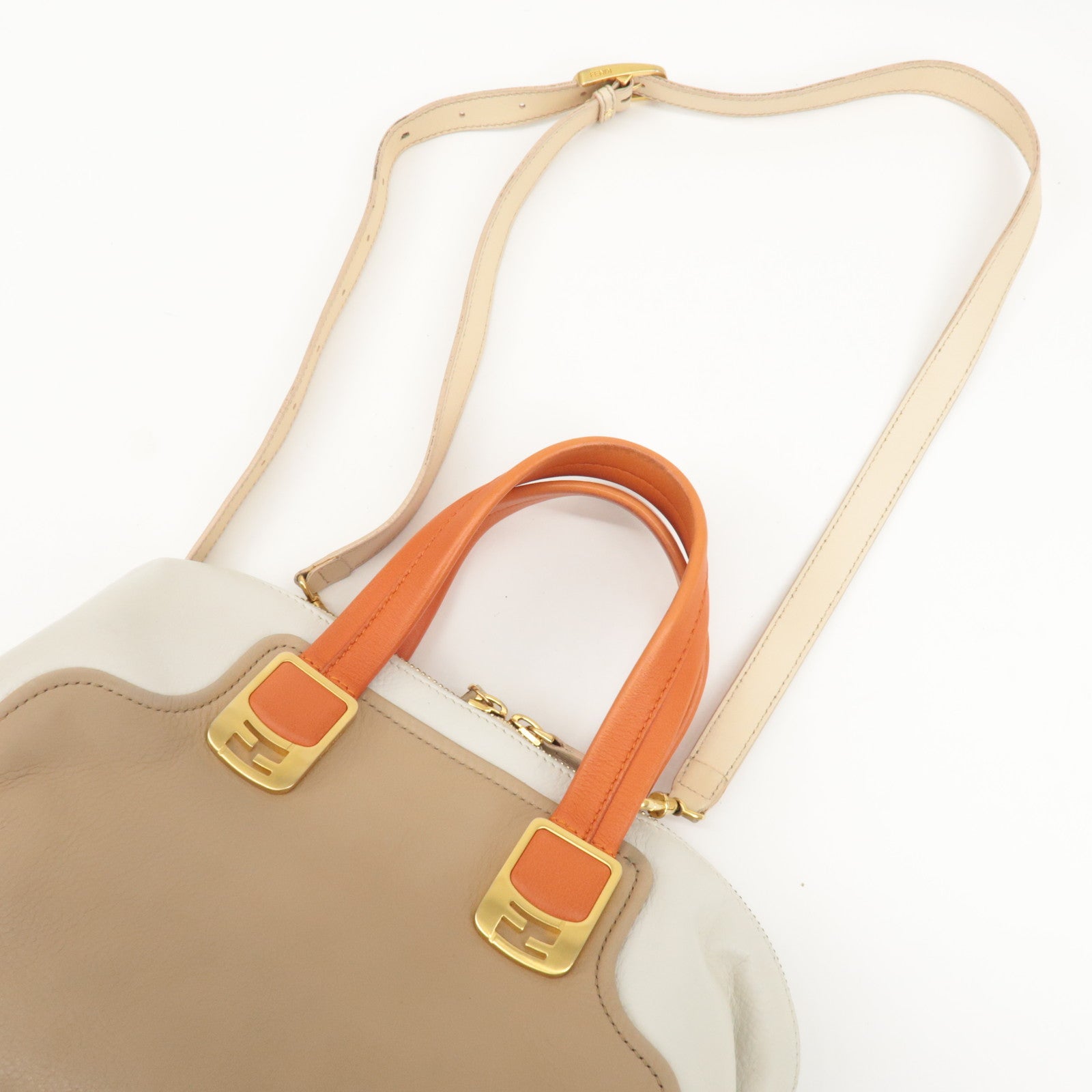 FENDI Cameleon Leather 2Way Shoulder Bag Orange Beige Ivory 8BL114 Used