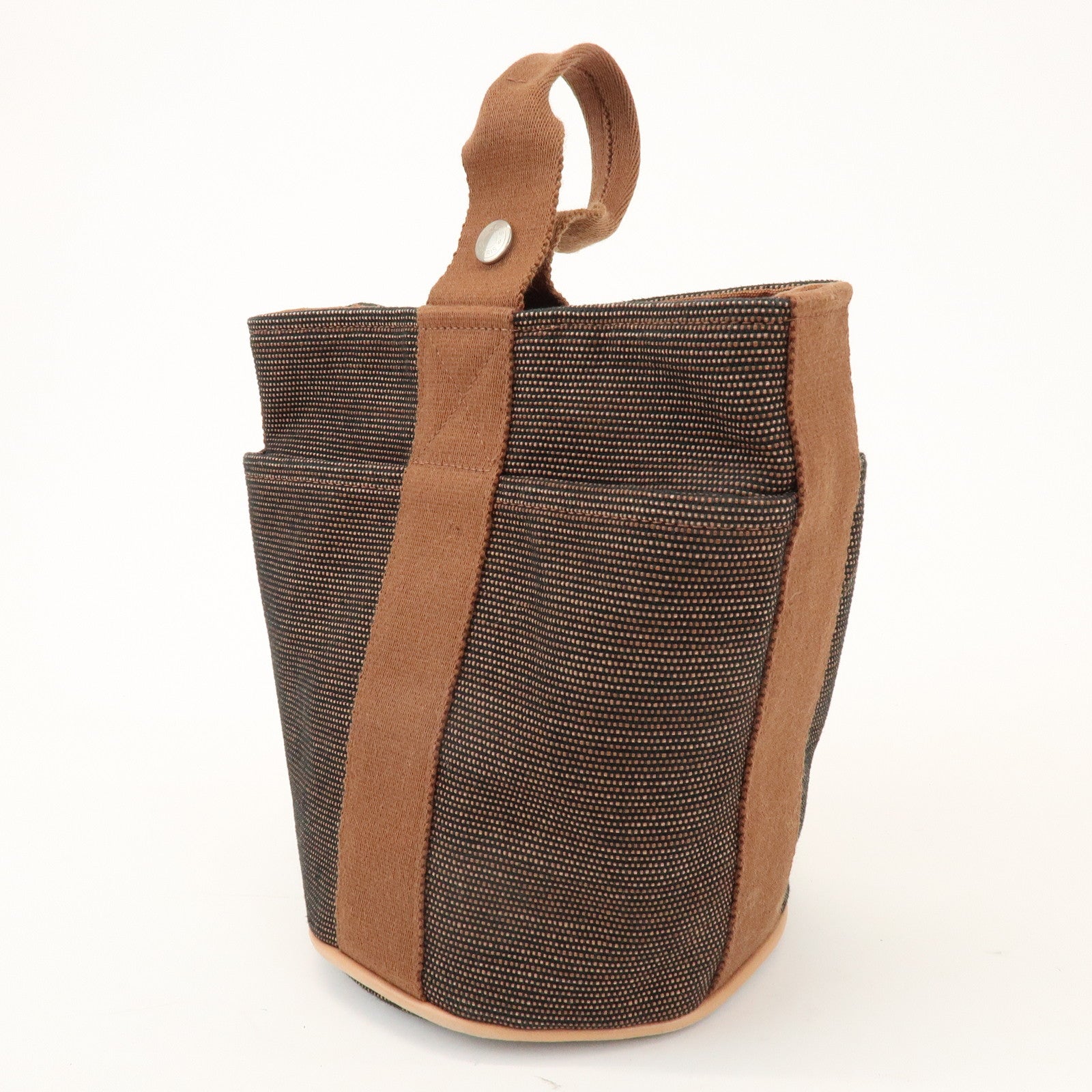 HERMES Saxe PM Canvas Leather Hand Bag Bucket Bag Brown