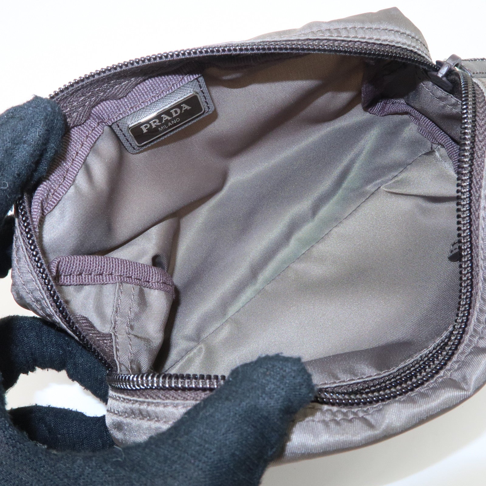 PRADA Set of 2 Leather Nylon Pouch Cosmetic Pouch Gray Khaki Used