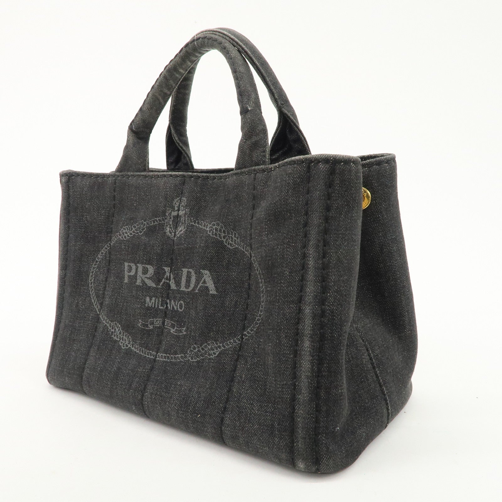 PRADA Logo Canapa Mini Denim 2Way Tote Bag Gray Gold HDW 1BG439 Used