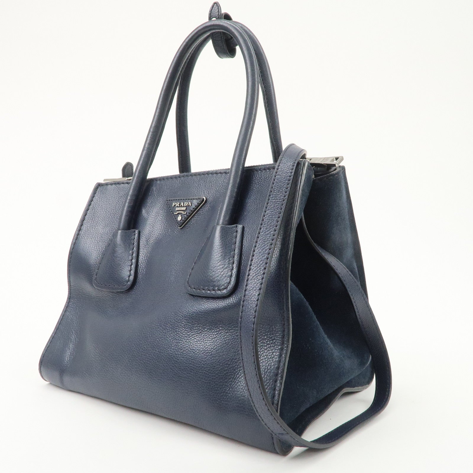 PRADA Triangle Logo Leather 2Way Bag Tote Bag Hand Bag Navy B2625M