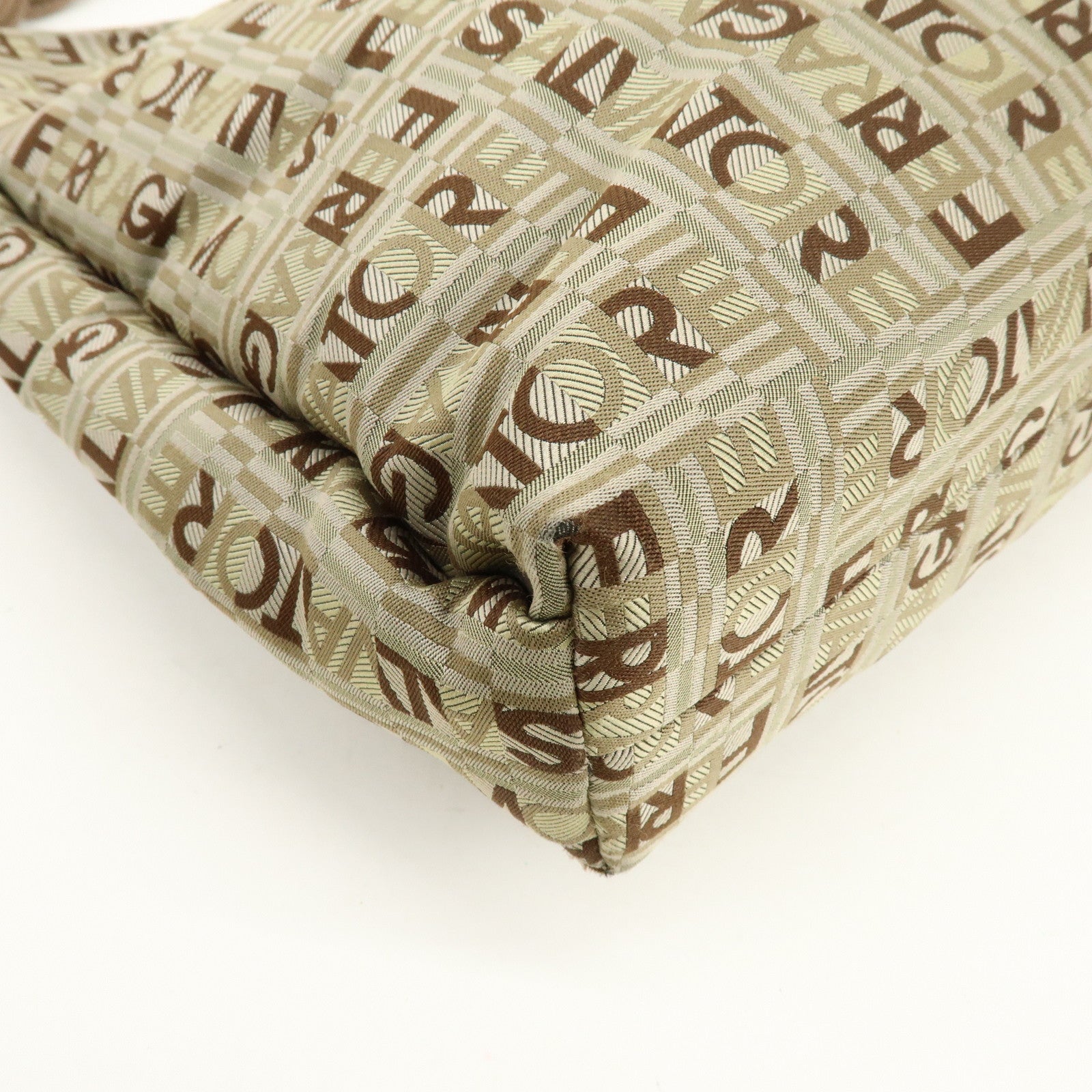 Ferragamo Logo Canvas Leather Shoulder Bag Beige Brown Khaki