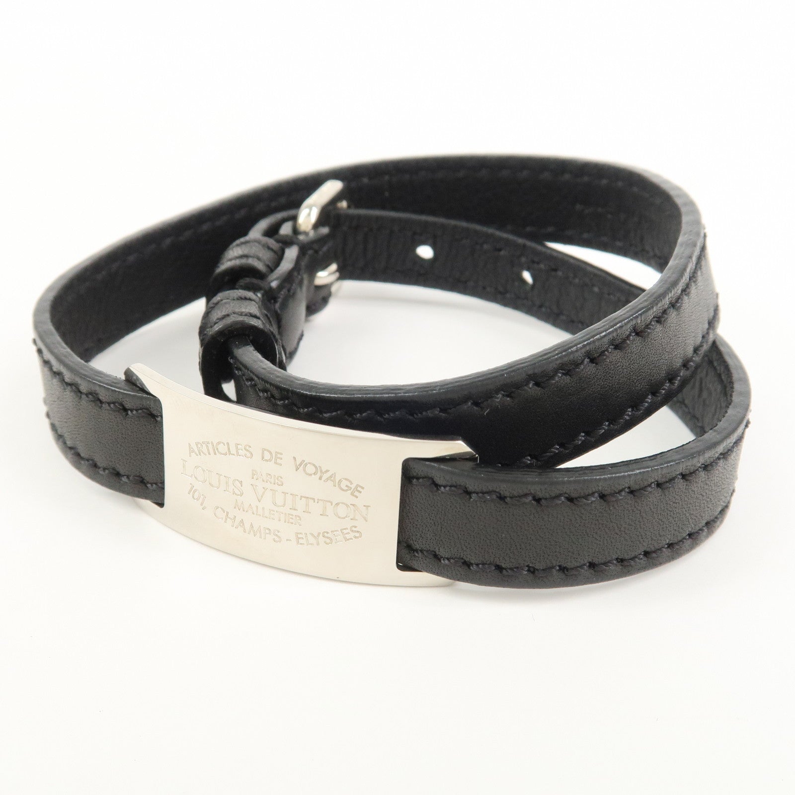 Louis Vuitton Leather Metal Double Tour Bracelet Black Silver